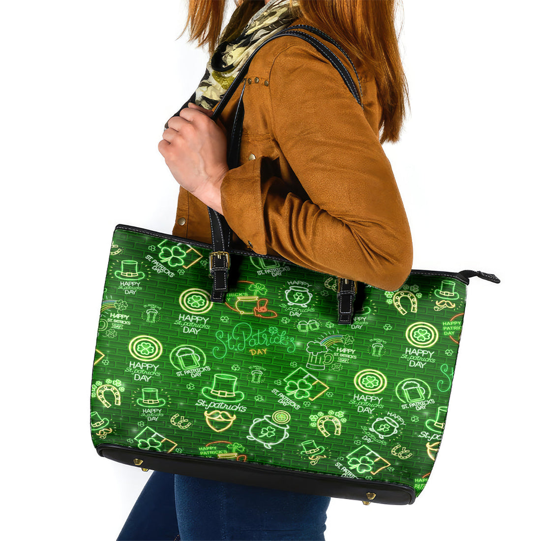 Ireland St Patrick's Day Leather Tote Bag Symbols Neon DT02