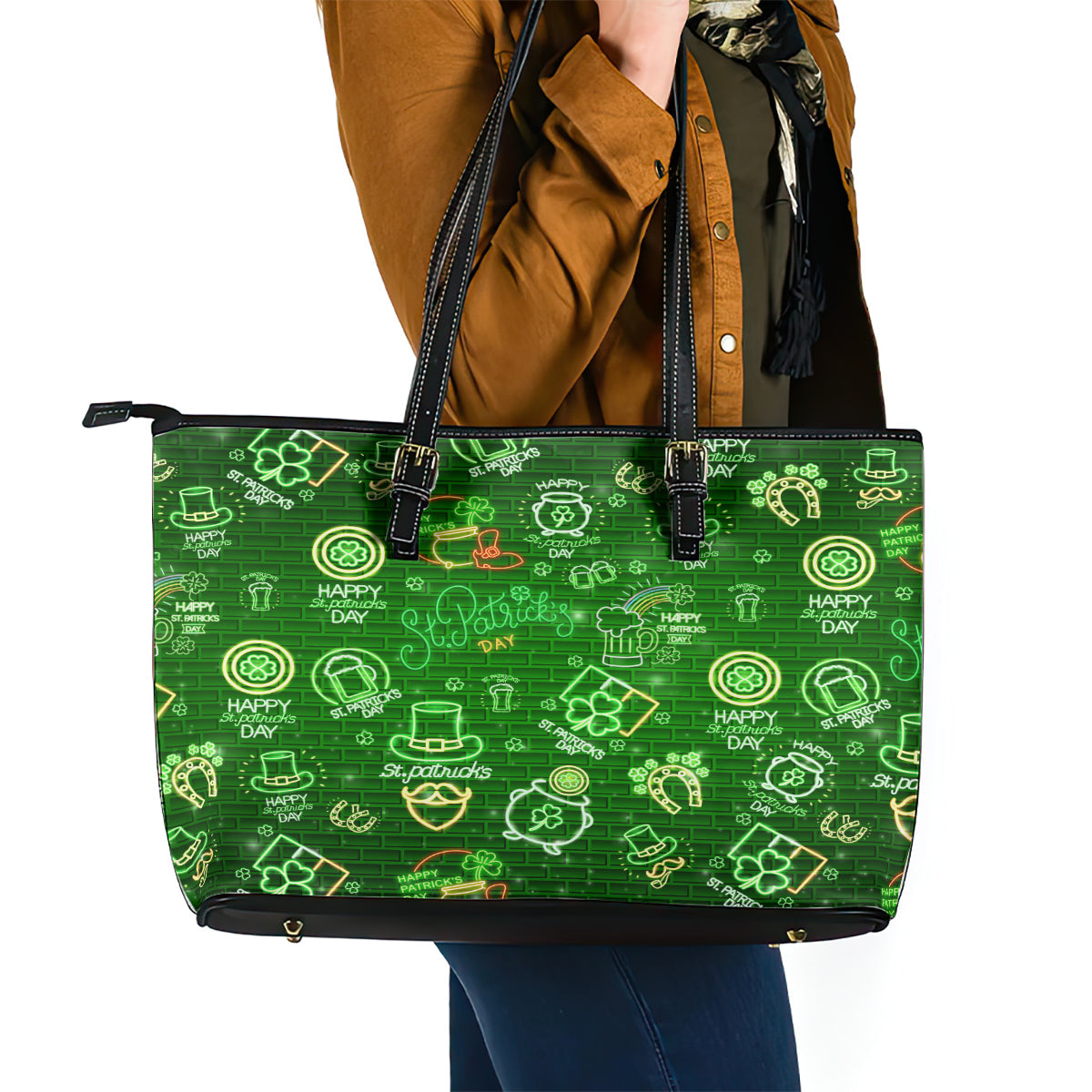 Ireland St Patrick's Day Leather Tote Bag Symbols Neon DT02