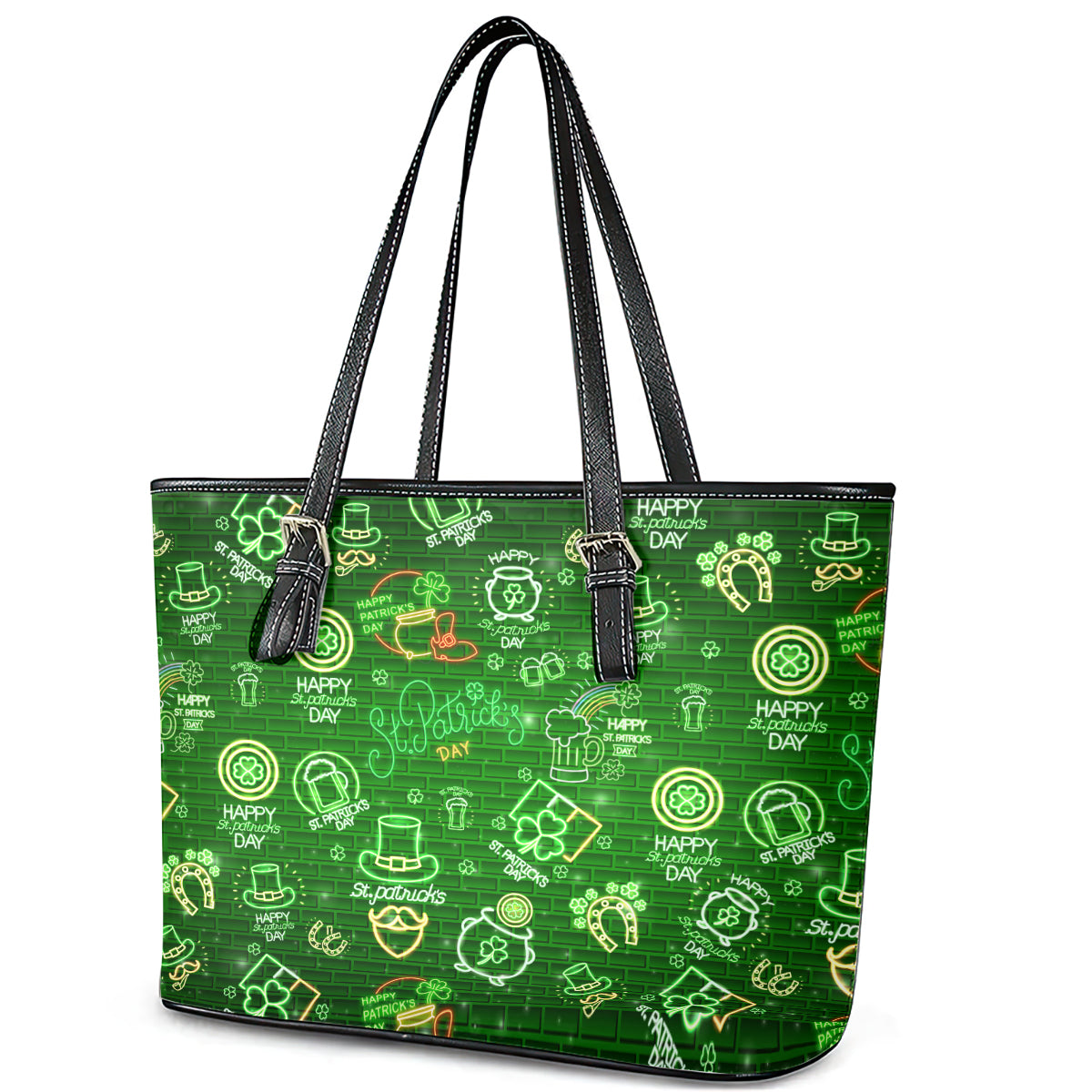 Ireland St Patrick's Day Leather Tote Bag Symbols Neon DT02