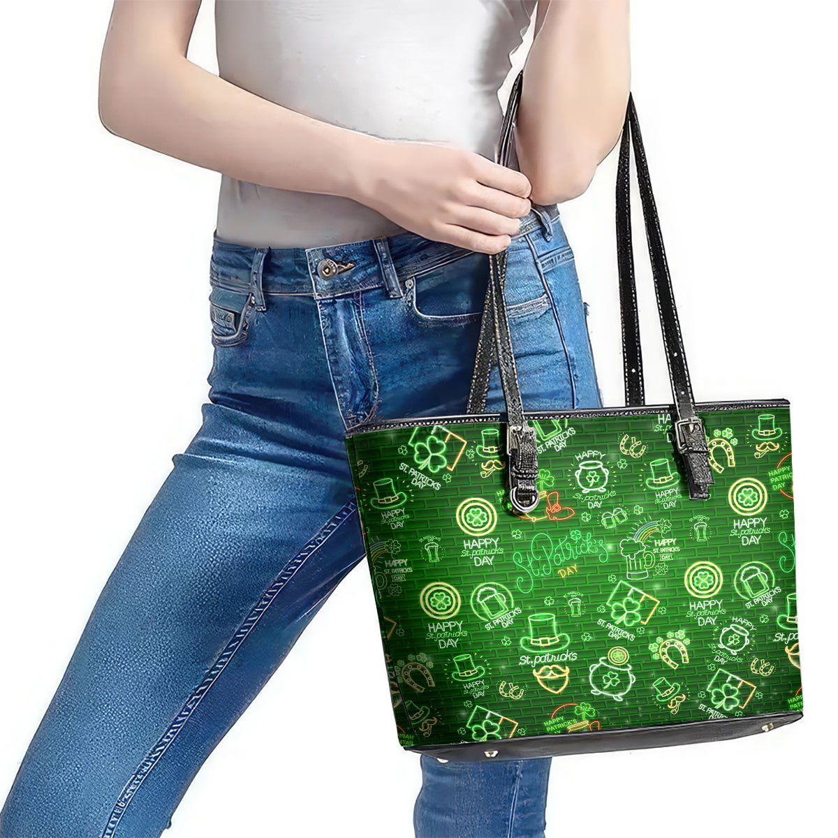 Ireland St Patrick's Day Leather Tote Bag Symbols Neon DT02