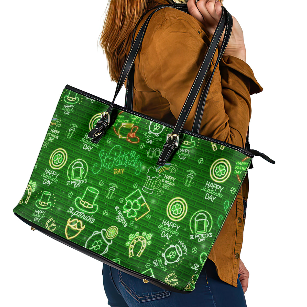 Ireland St Patrick's Day Leather Tote Bag Symbols Neon DT02