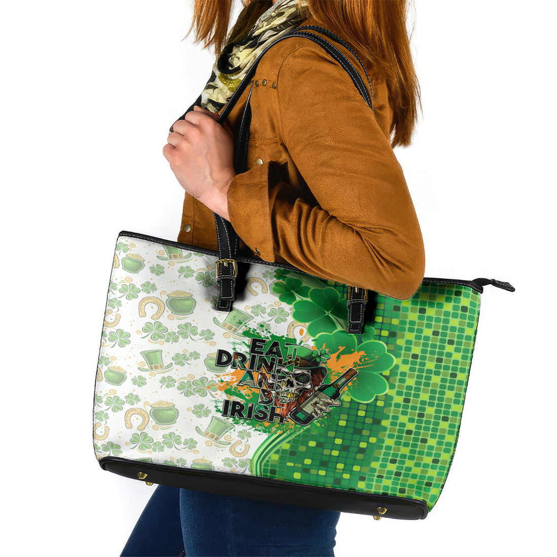 Happy St Patrick's Day Leather Tote Bag Eat Drink and Be Irish DT02