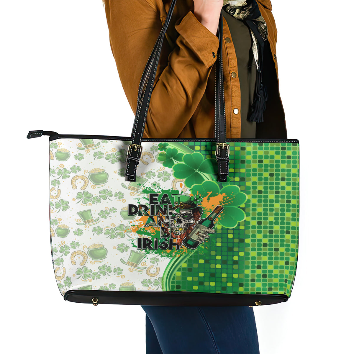 Happy St Patrick's Day Leather Tote Bag Eat Drink and Be Irish DT02