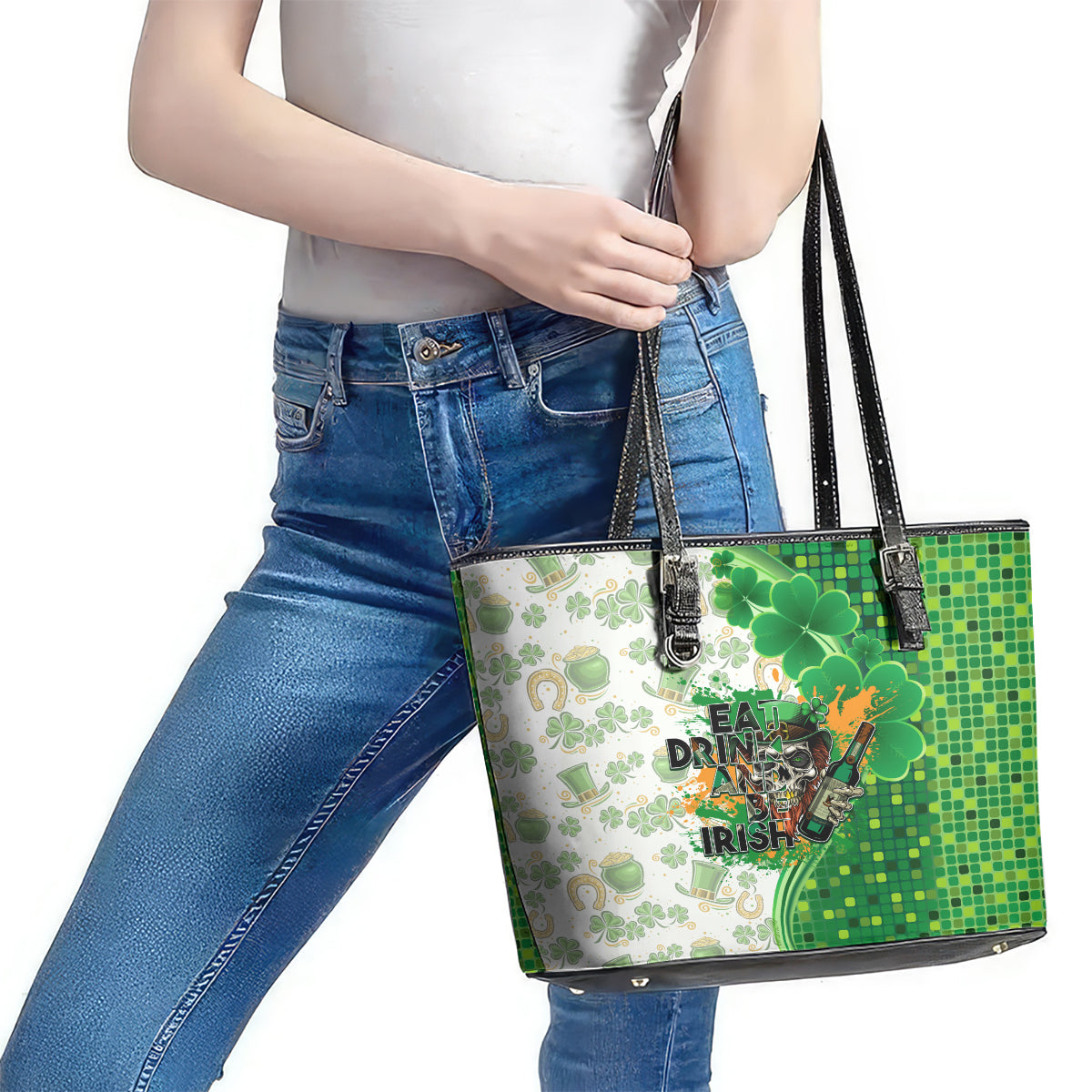 Happy St Patrick's Day Leather Tote Bag Eat Drink and Be Irish DT02