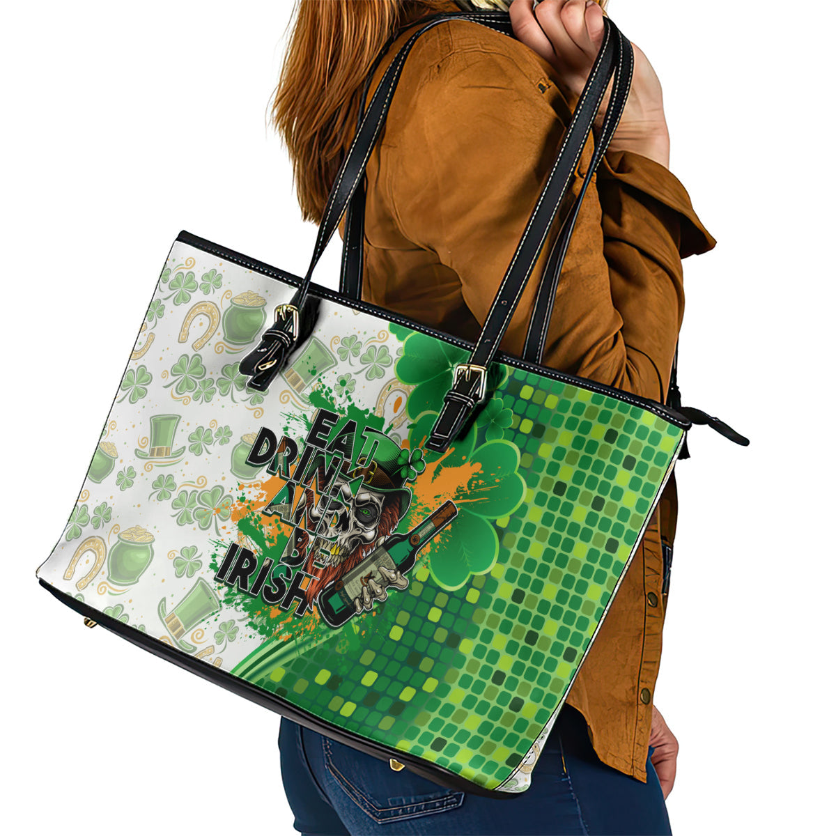 Happy St Patrick's Day Leather Tote Bag Eat Drink and Be Irish DT02