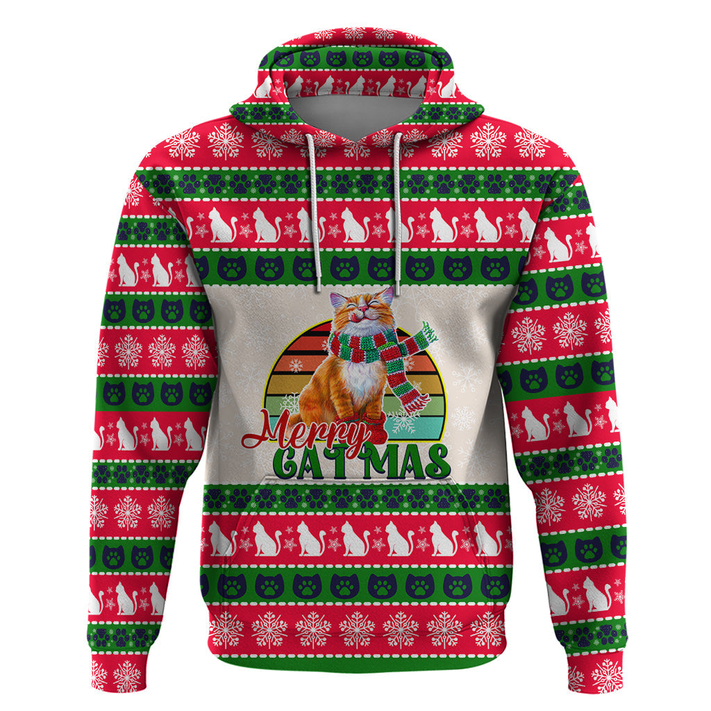 Merry Christmas Cat Hoodie Meowy Catmas Xmas Tree DT02