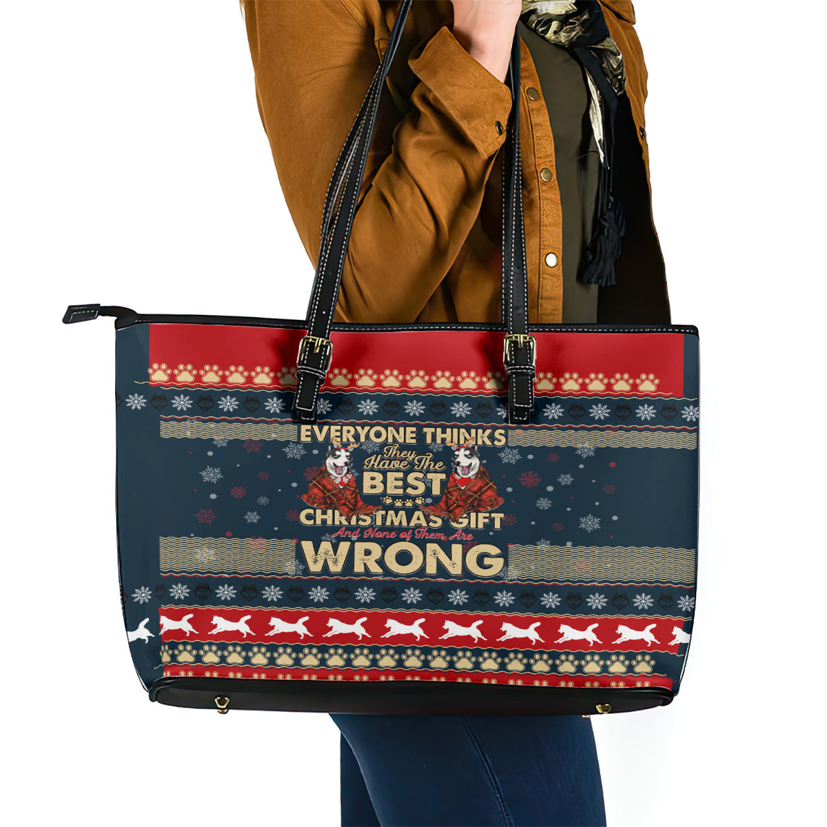 Merry Wet Nosemas Leather Tote Bag Christmas Husky DT02
