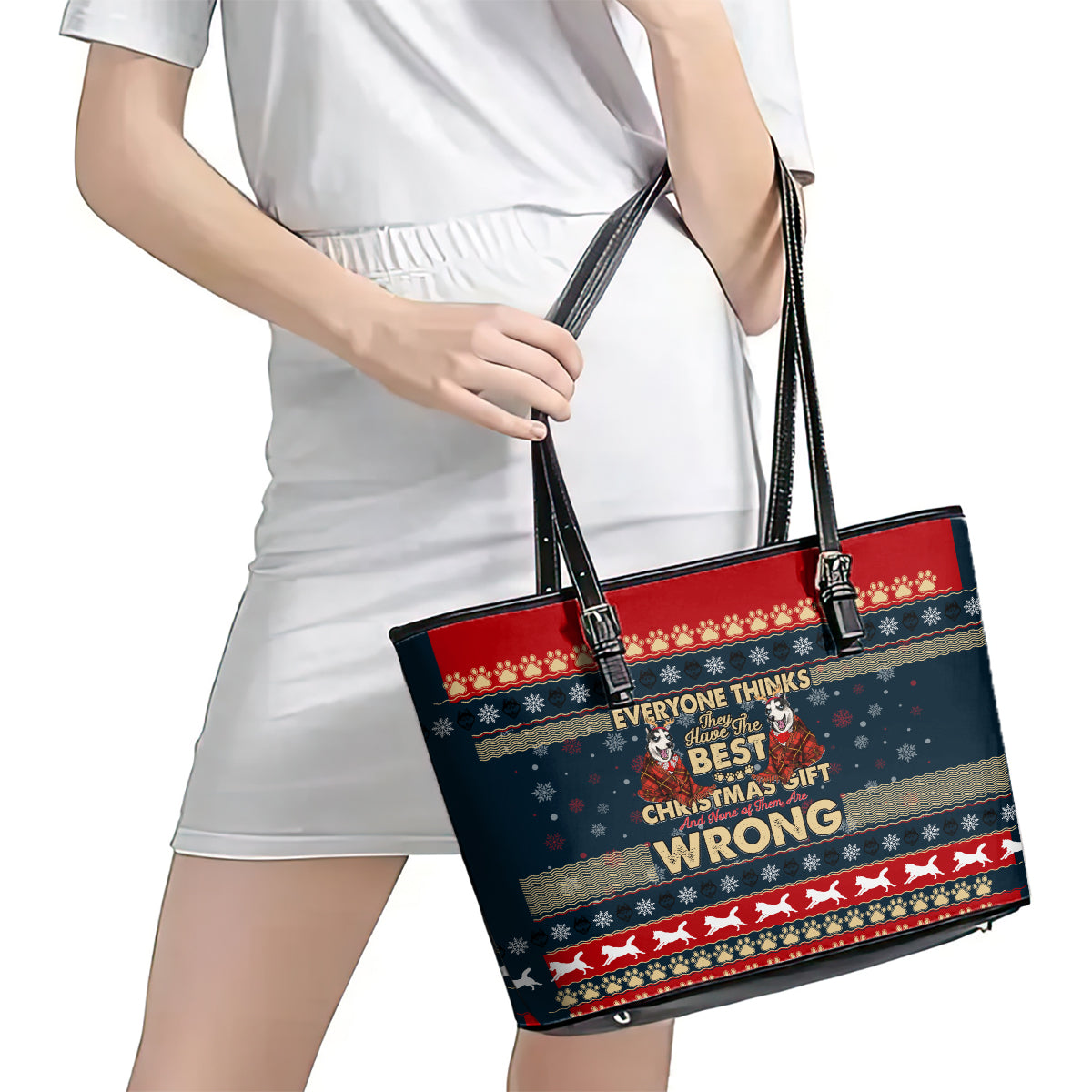 Merry Wet Nosemas Leather Tote Bag Christmas Husky DT02