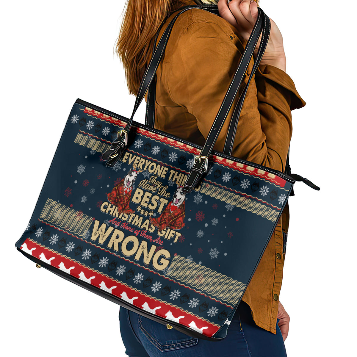 Merry Wet Nosemas Leather Tote Bag Christmas Husky DT02