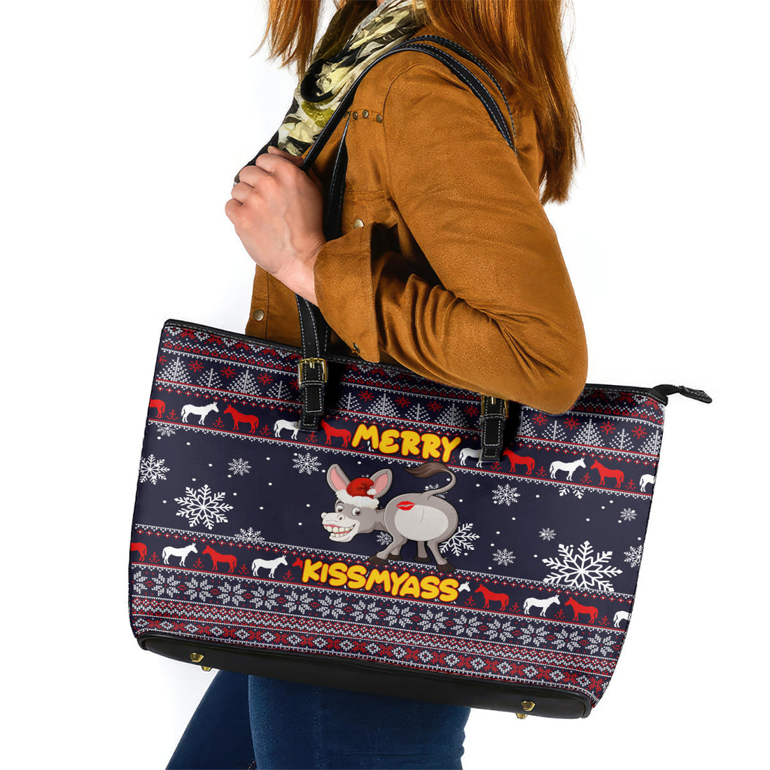 Funny Donkeys Christmas Leather Tote Bag Merry Kissmyass DT02