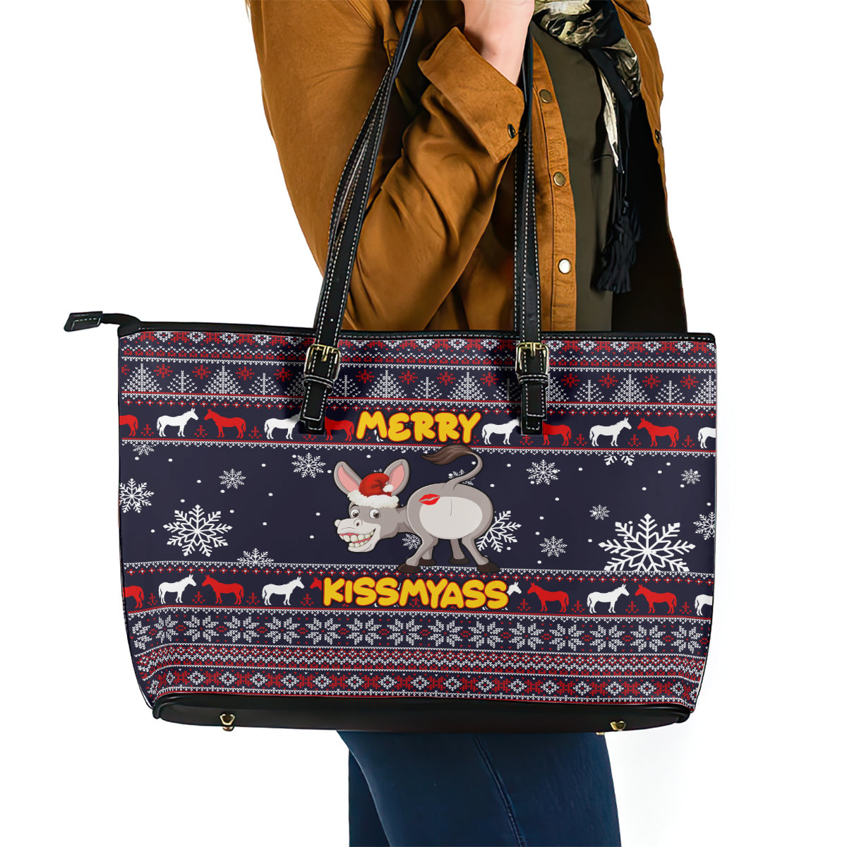 Funny Donkeys Christmas Leather Tote Bag Merry Kissmyass DT02