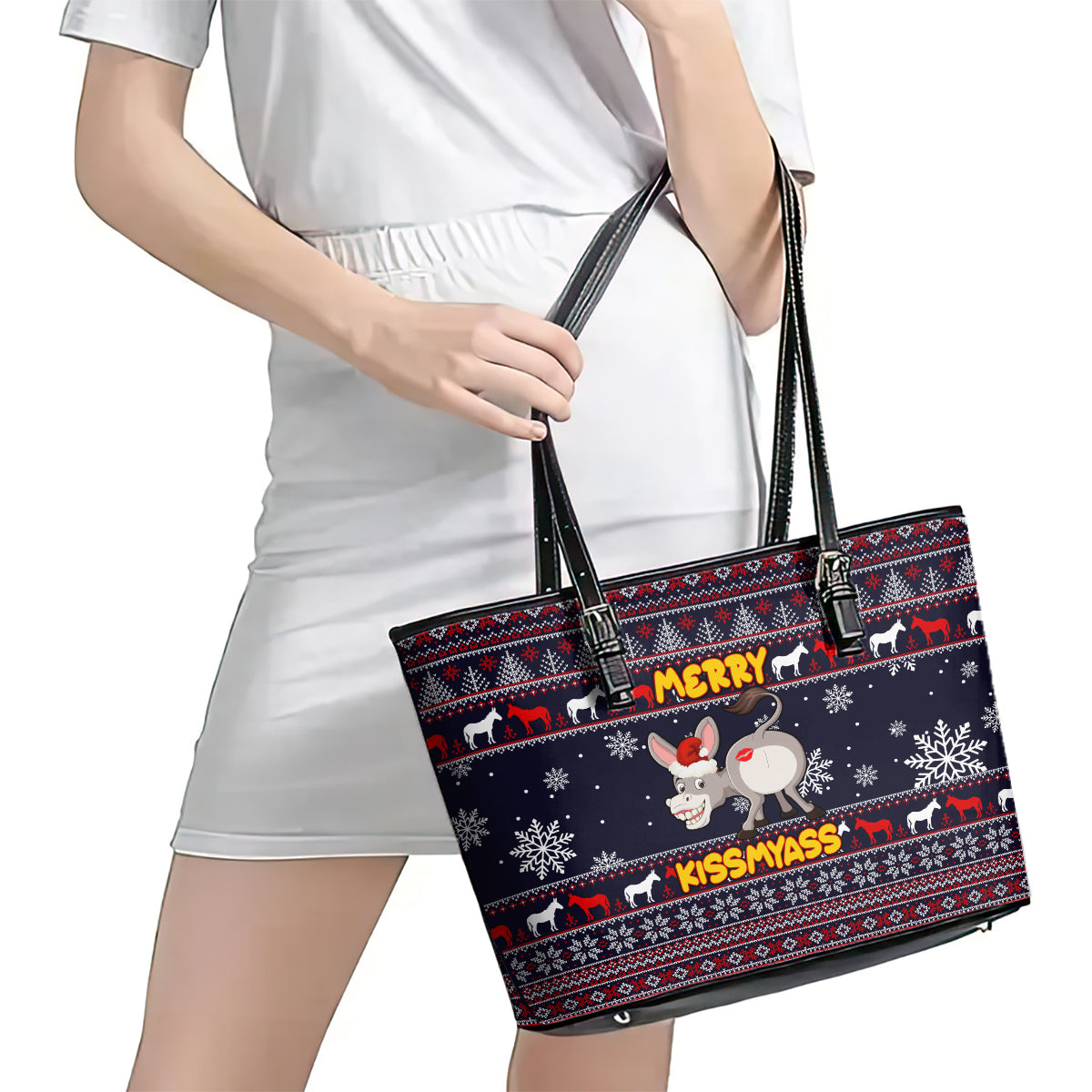 Funny Donkeys Christmas Leather Tote Bag Merry Kissmyass DT02