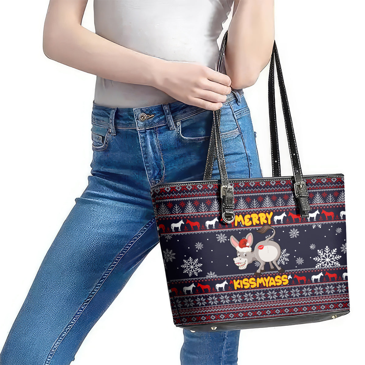 Funny Donkeys Christmas Leather Tote Bag Merry Kissmyass DT02