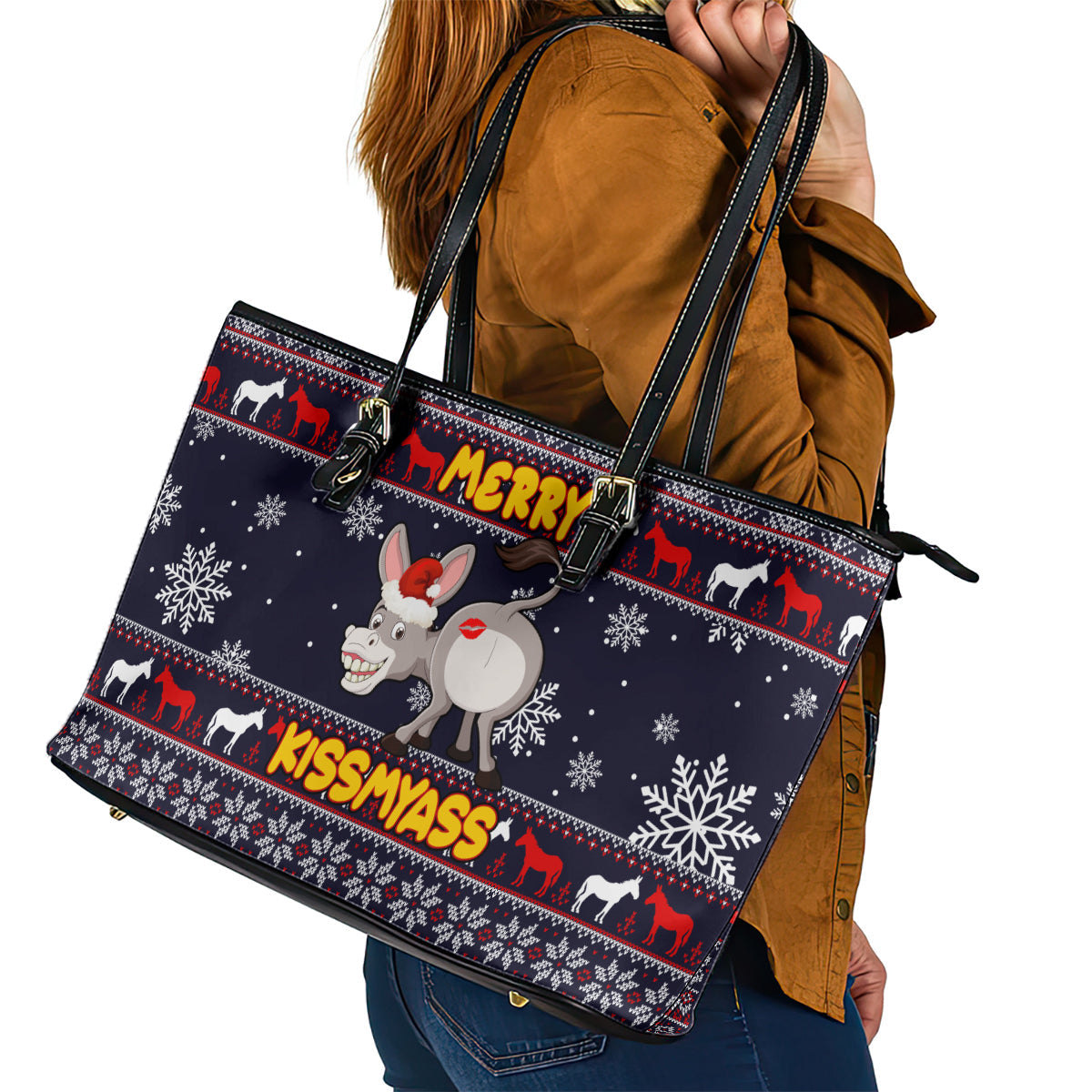Funny Donkeys Christmas Leather Tote Bag Merry Kissmyass DT02
