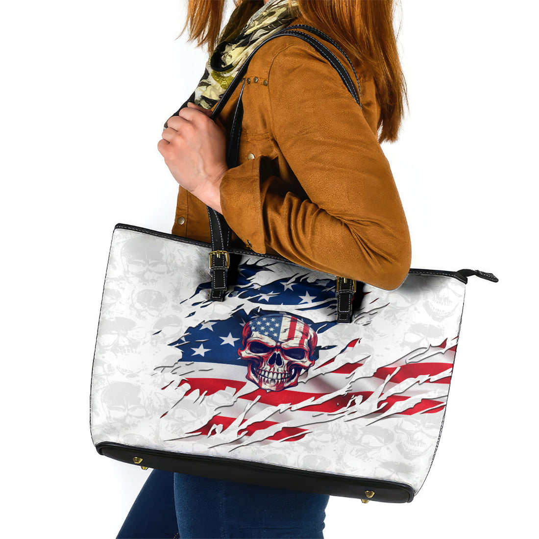 American Flag Skull Leather Tote Bag DT02