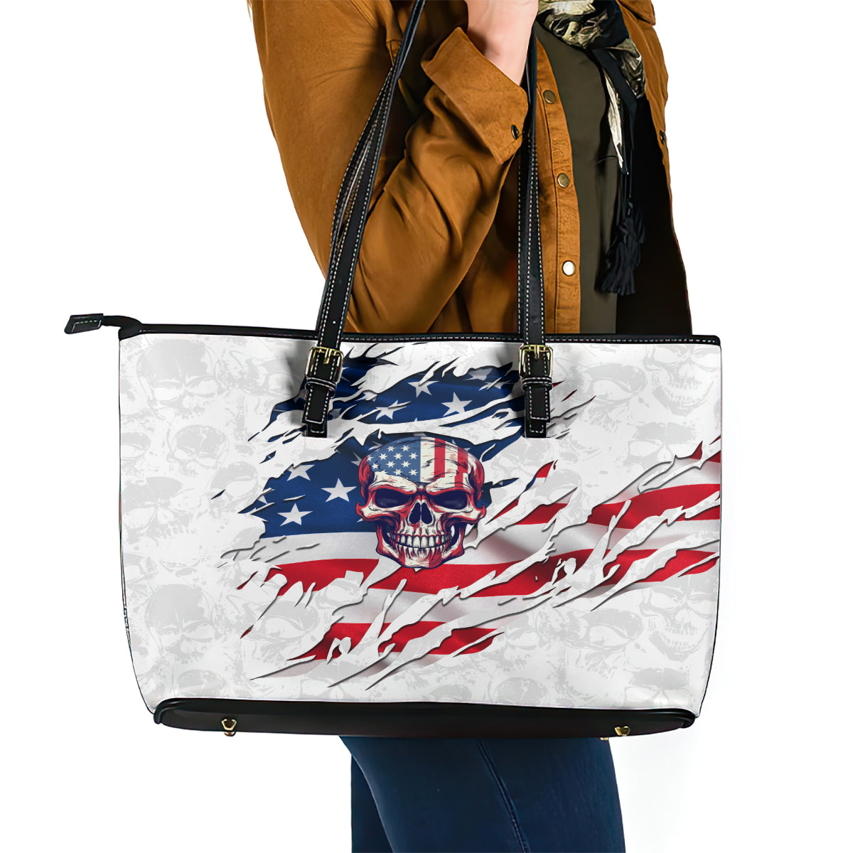 American Flag Skull Leather Tote Bag DT02