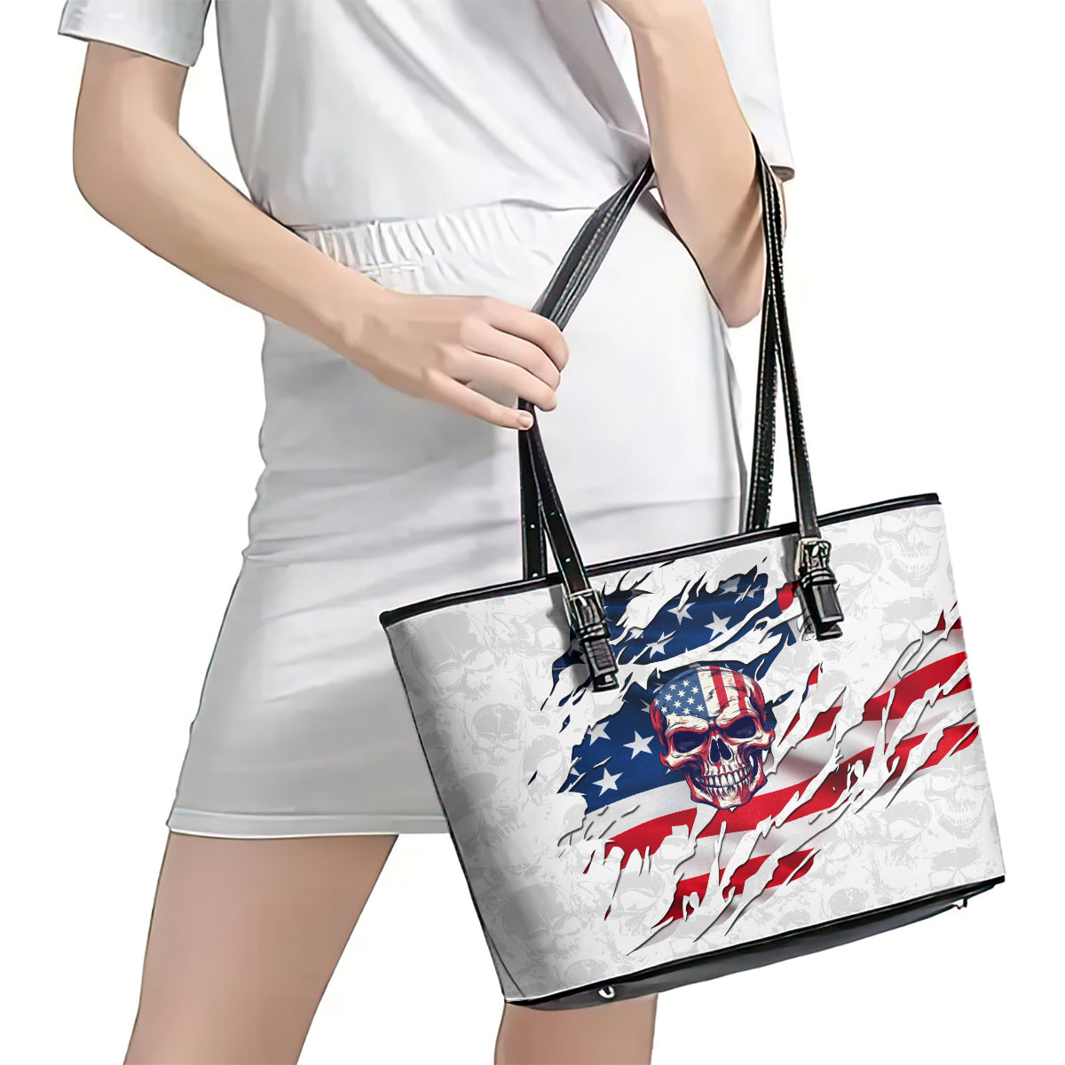 American Flag Skull Leather Tote Bag DT02