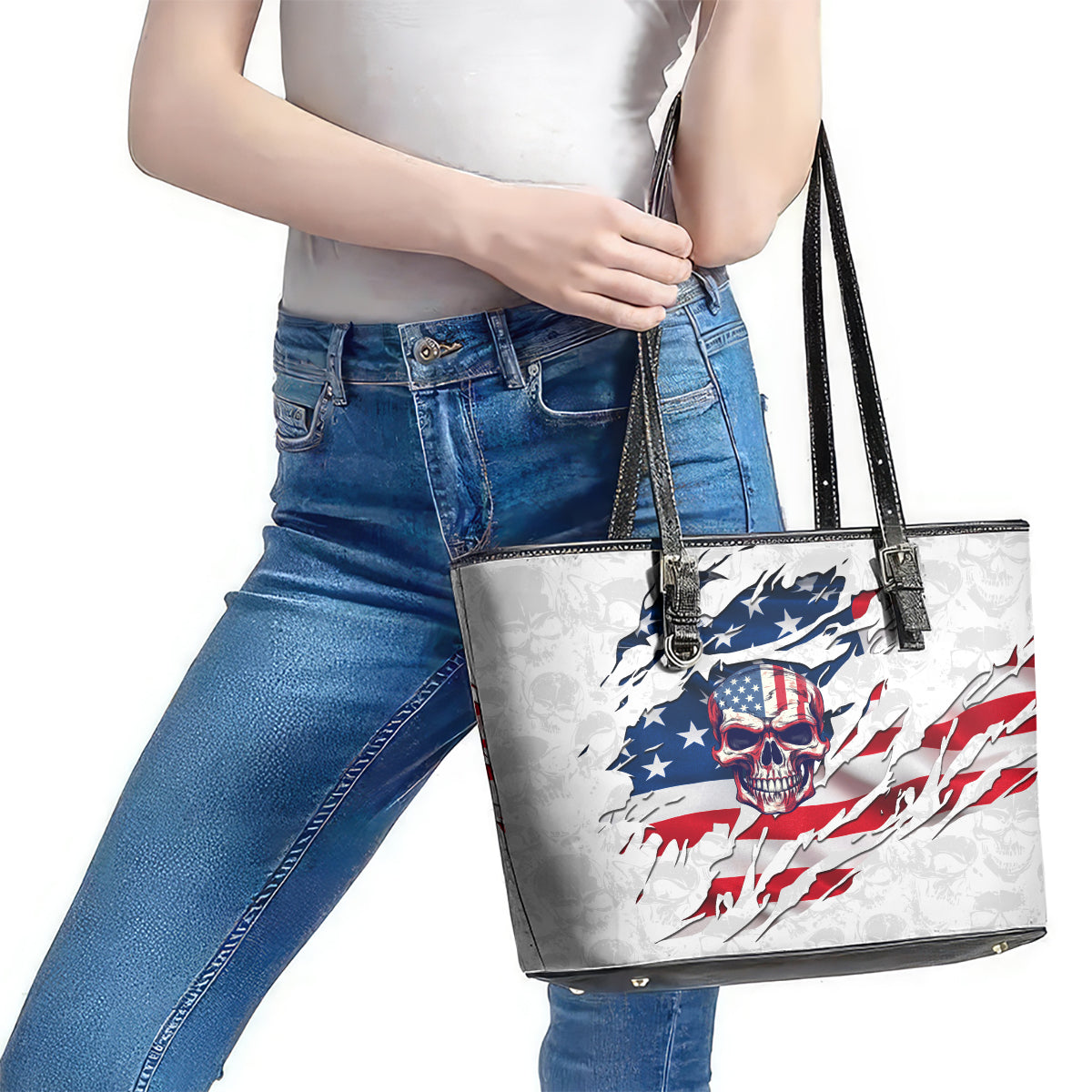 American Flag Skull Leather Tote Bag DT02