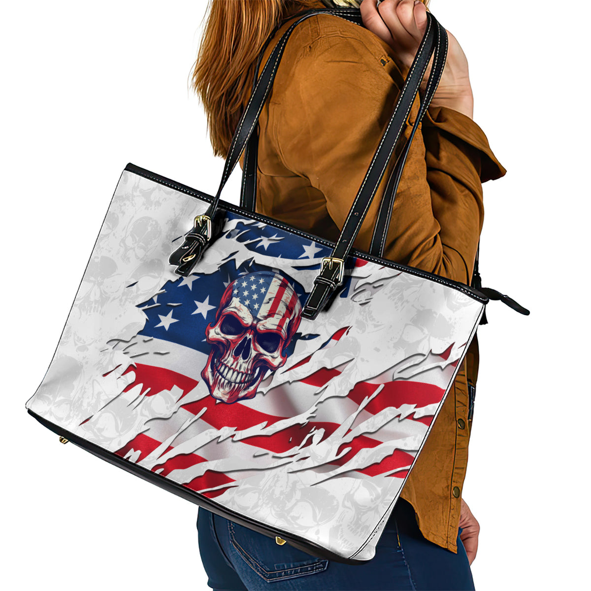 American Flag Skull Leather Tote Bag DT02