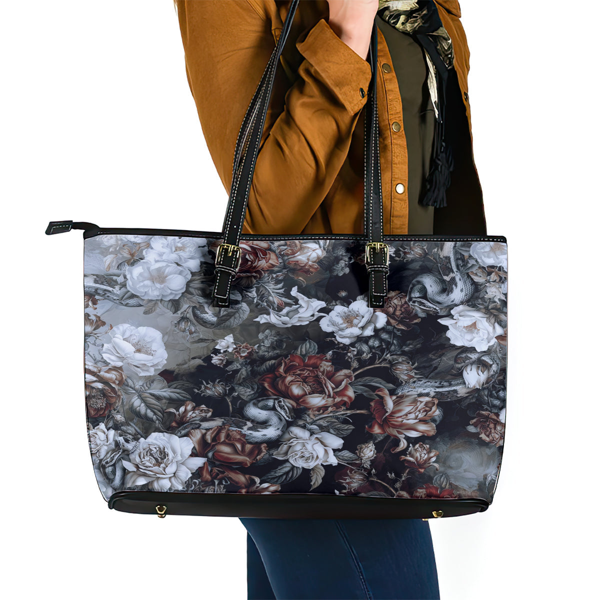 Skulls Roses And White Snakes Leather Tote Bag DT02