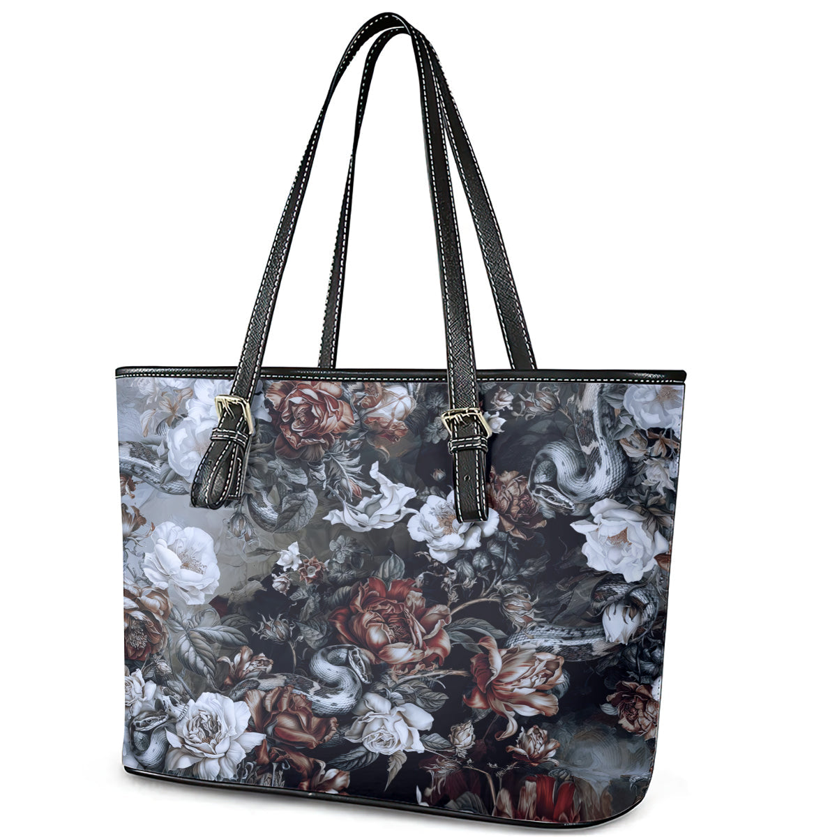 Skulls Roses And White Snakes Leather Tote Bag DT02