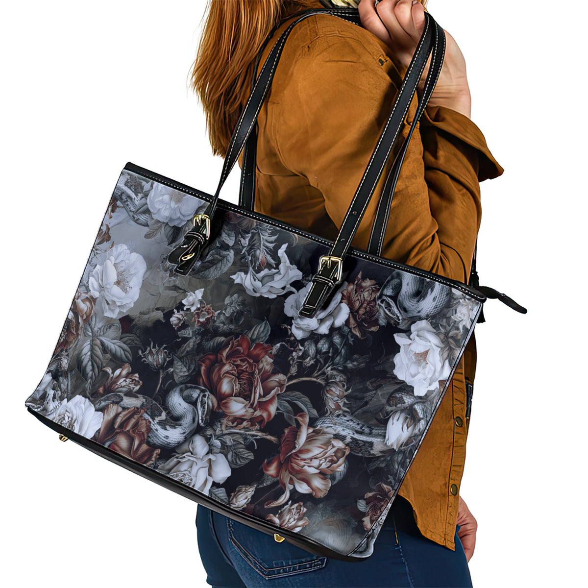 Skulls Roses And White Snakes Leather Tote Bag DT02