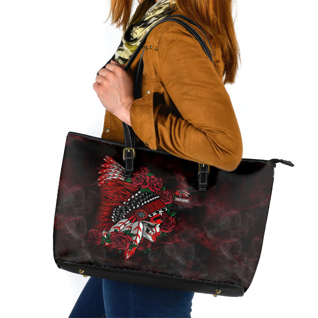 Personalised Native American Chief Skull Leather Tote Bag Rose Skull DT02