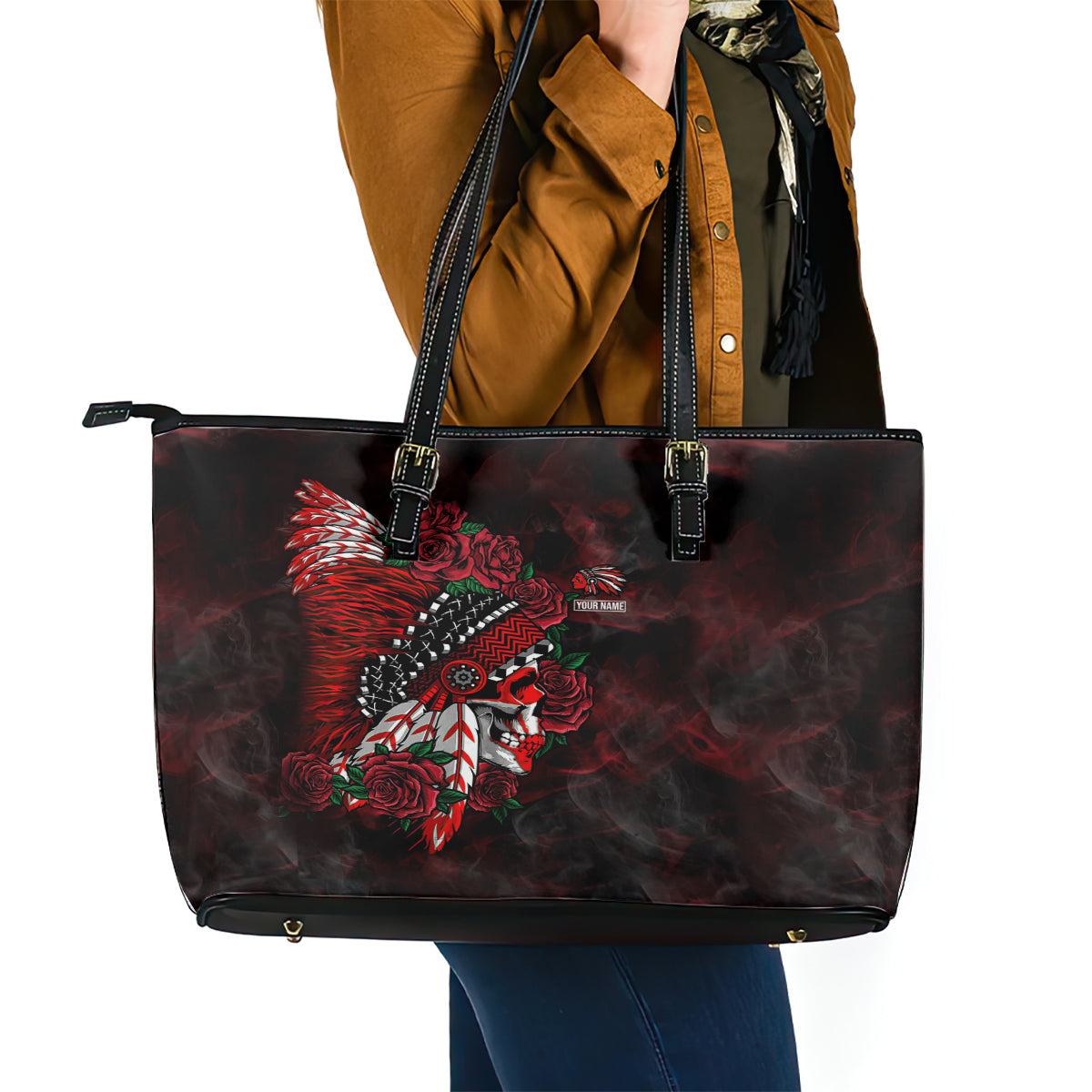 Personalised Native American Chief Skull Leather Tote Bag Rose Skull DT02