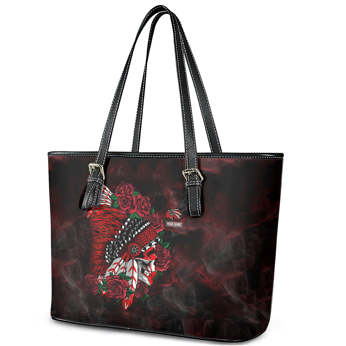 Personalised Native American Chief Skull Leather Tote Bag Rose Skull DT02