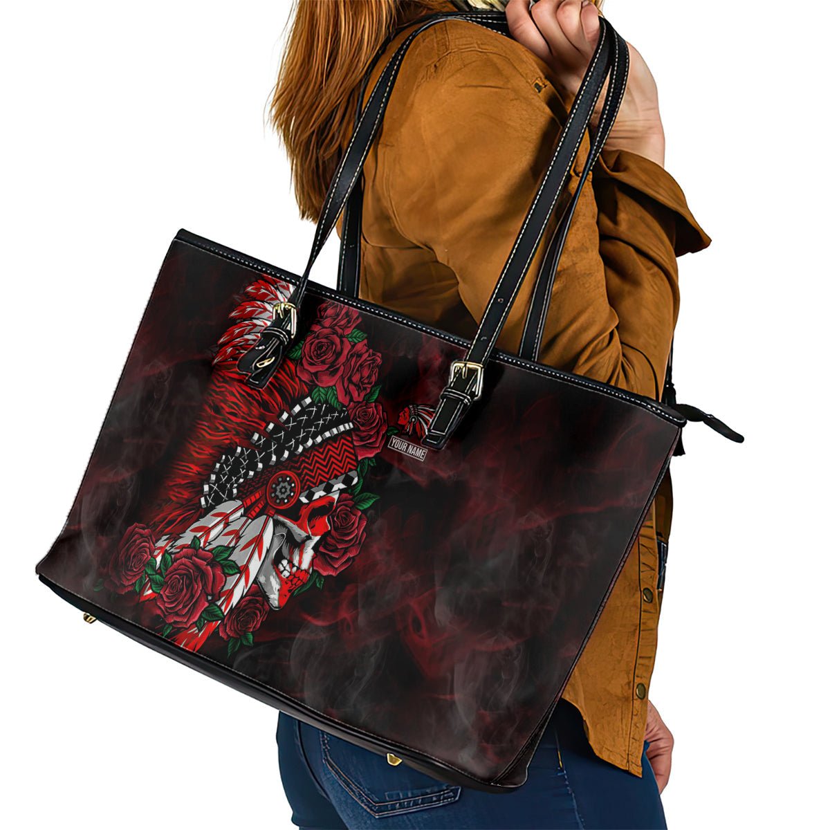 Personalised Native American Chief Skull Leather Tote Bag Rose Skull DT02