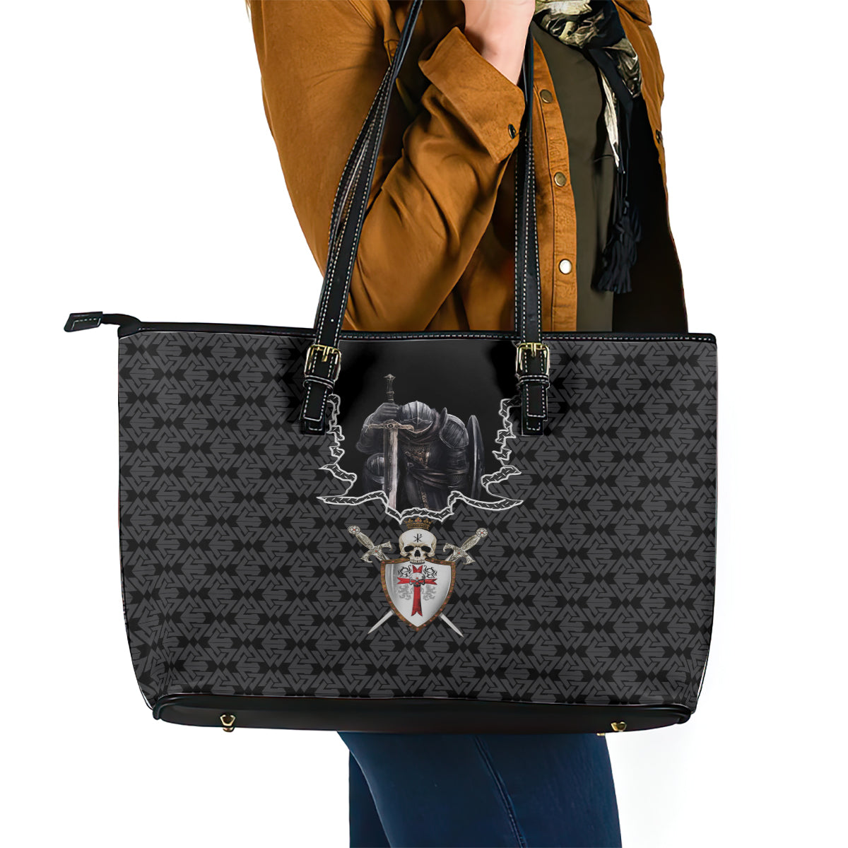 Personalised Knights Templar Warrior Skull Leather Tote Bag DT02