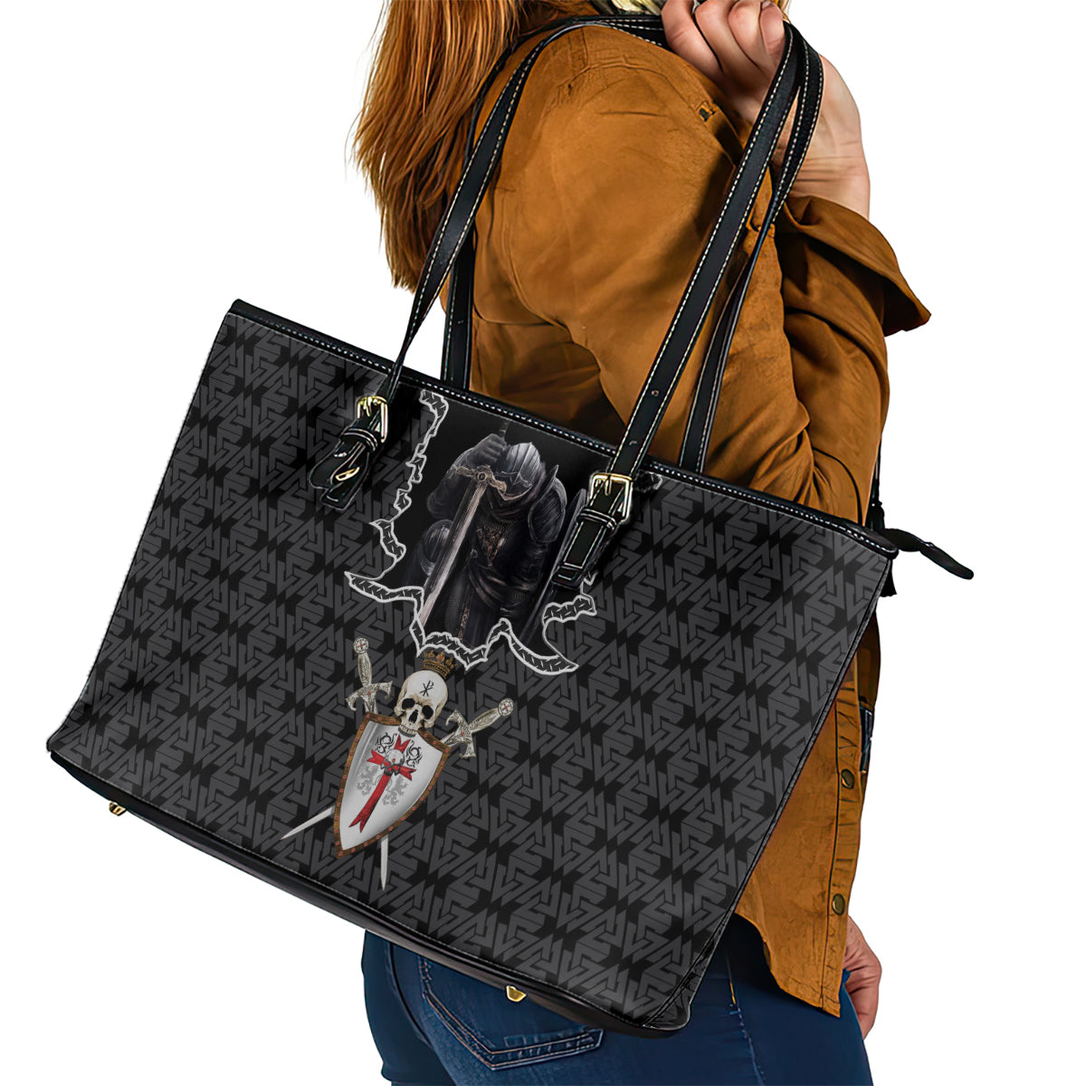 Personalised Knights Templar Warrior Skull Leather Tote Bag DT02