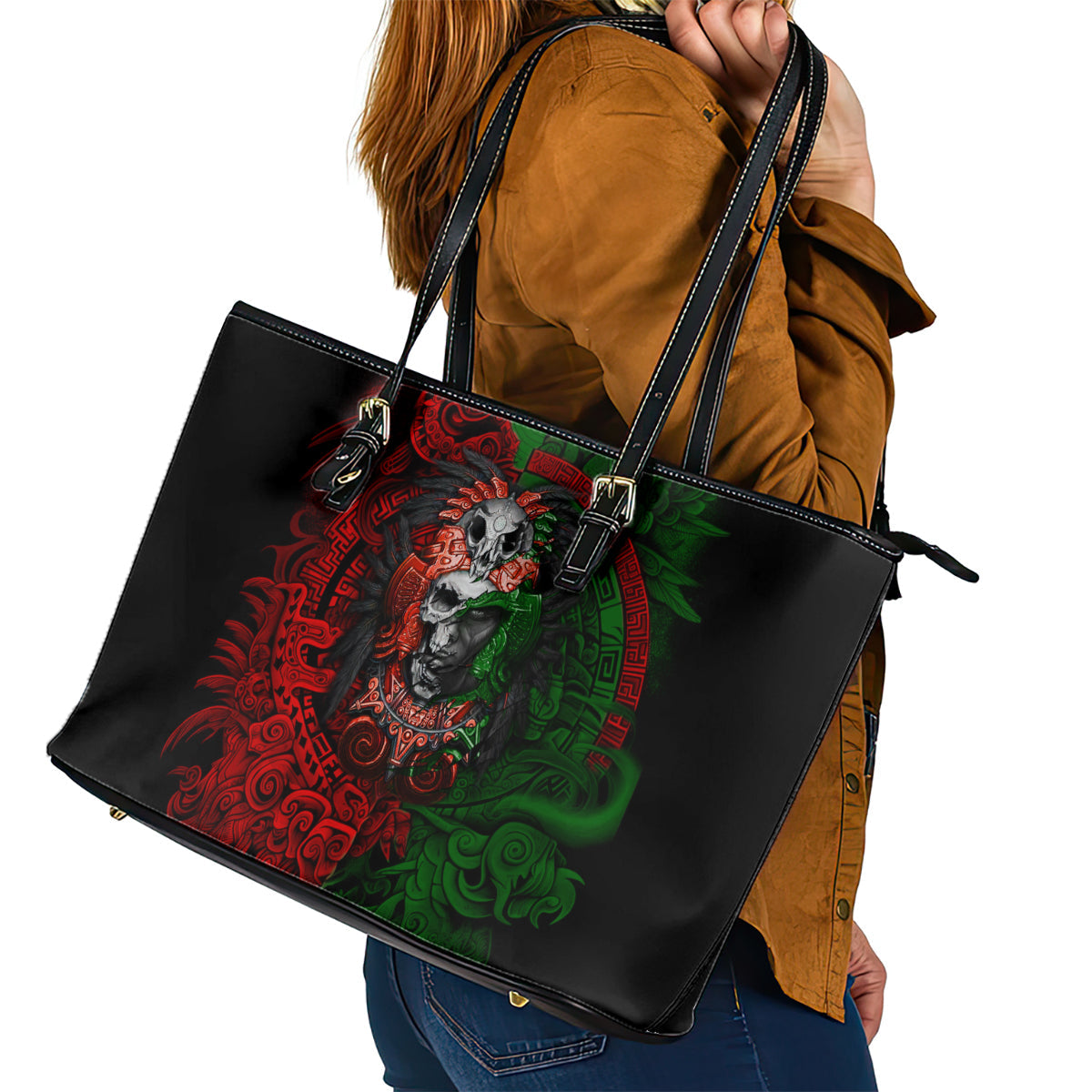 Skulls Aztec Warriors Leather Tote Bag DT02