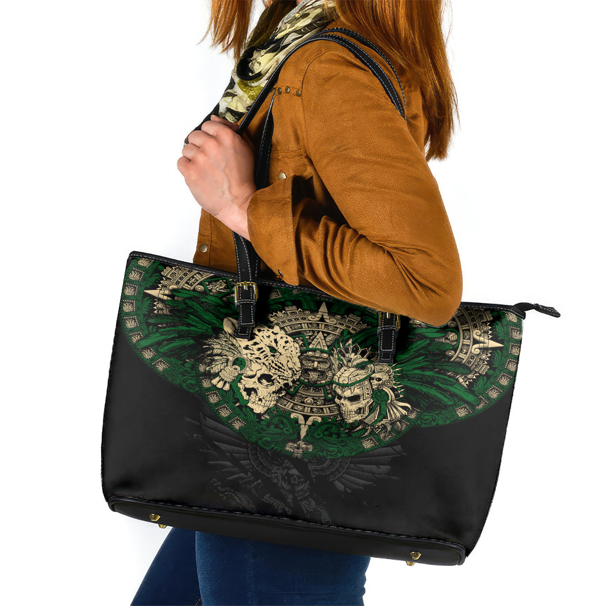 Aztec Warrior Skulls Leather Tote Bag DT02