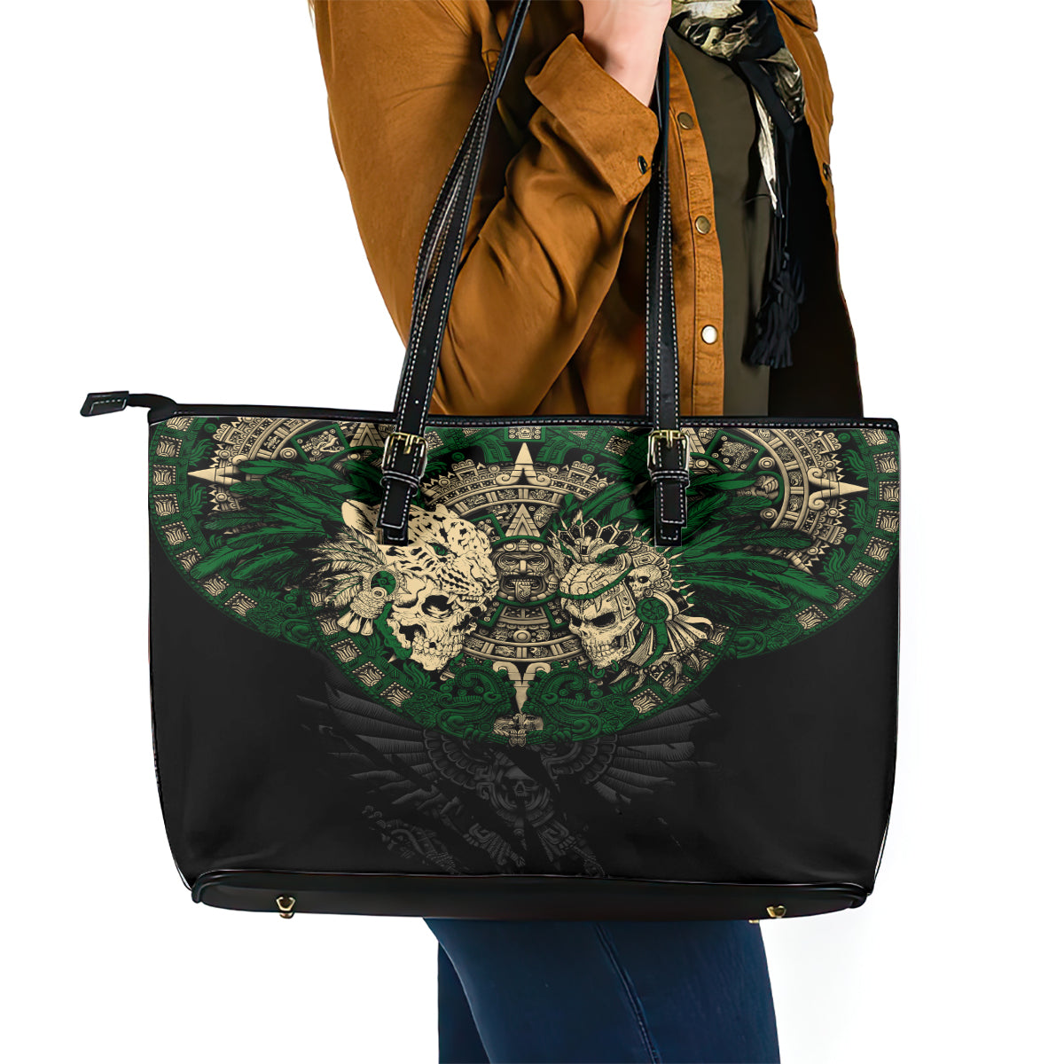 Aztec Warrior Skulls Leather Tote Bag DT02