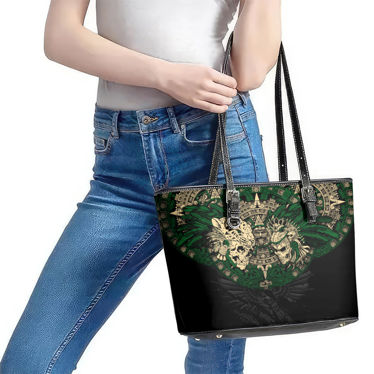 Aztec Warrior Skulls Leather Tote Bag DT02