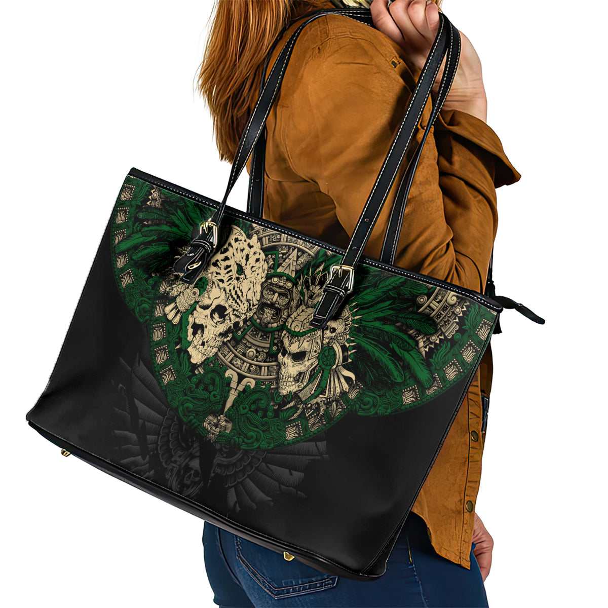Aztec Warrior Skulls Leather Tote Bag DT02