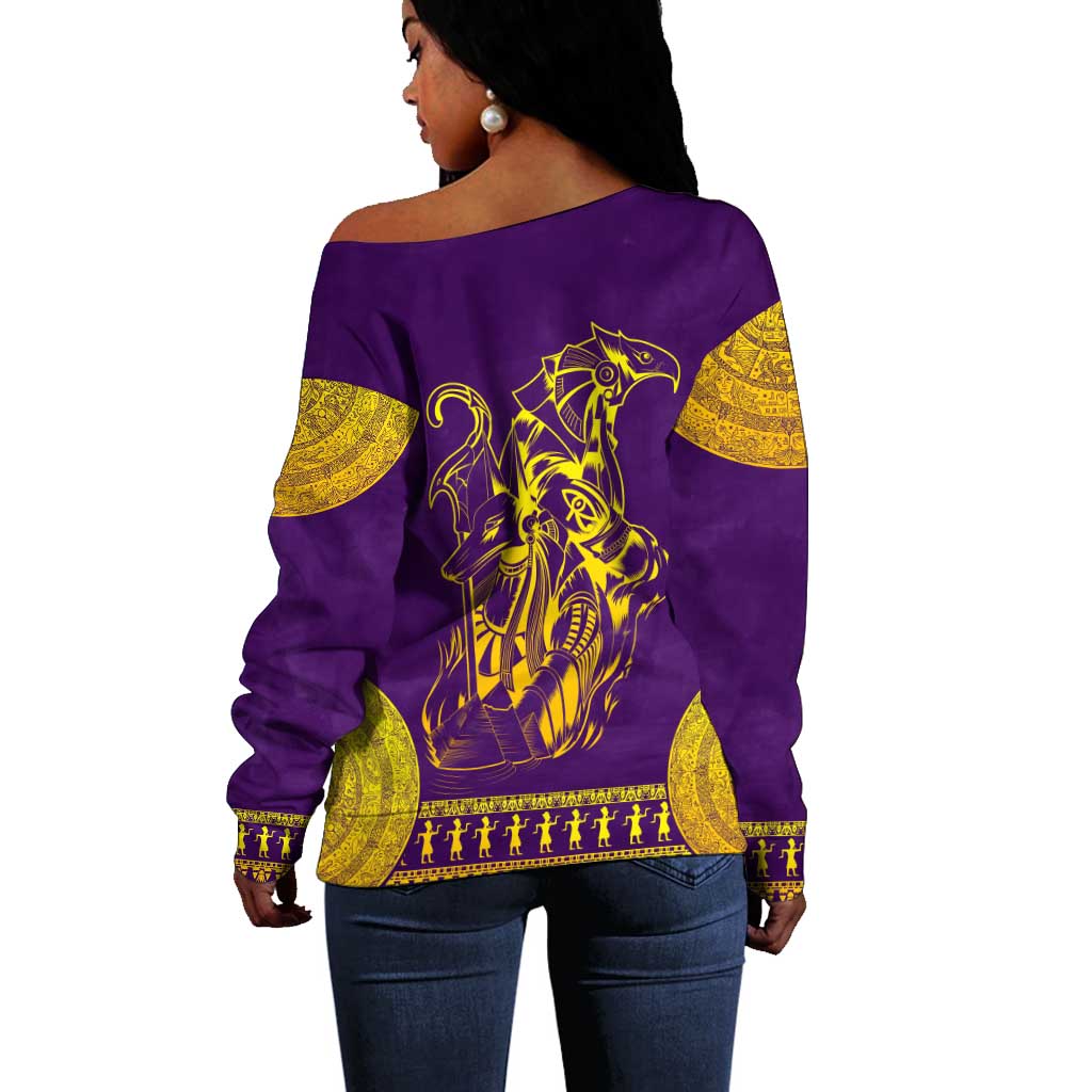 Anubis and Horus Off Shoulder Sweater Egyptian God Purple DT02