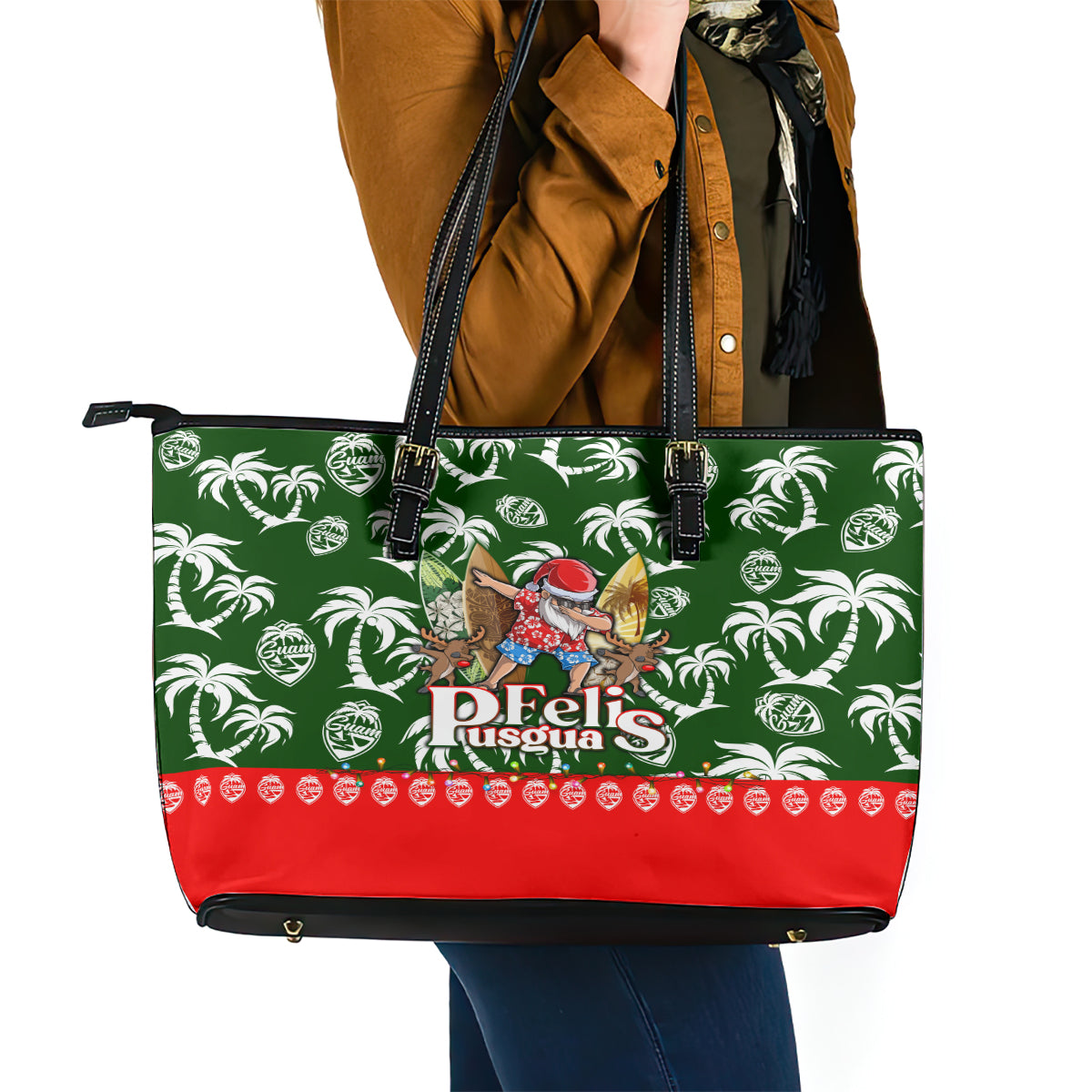 Guam Christmas Leather Tote Bag Felis Pusgua Tropical Xmas Patterns DT02