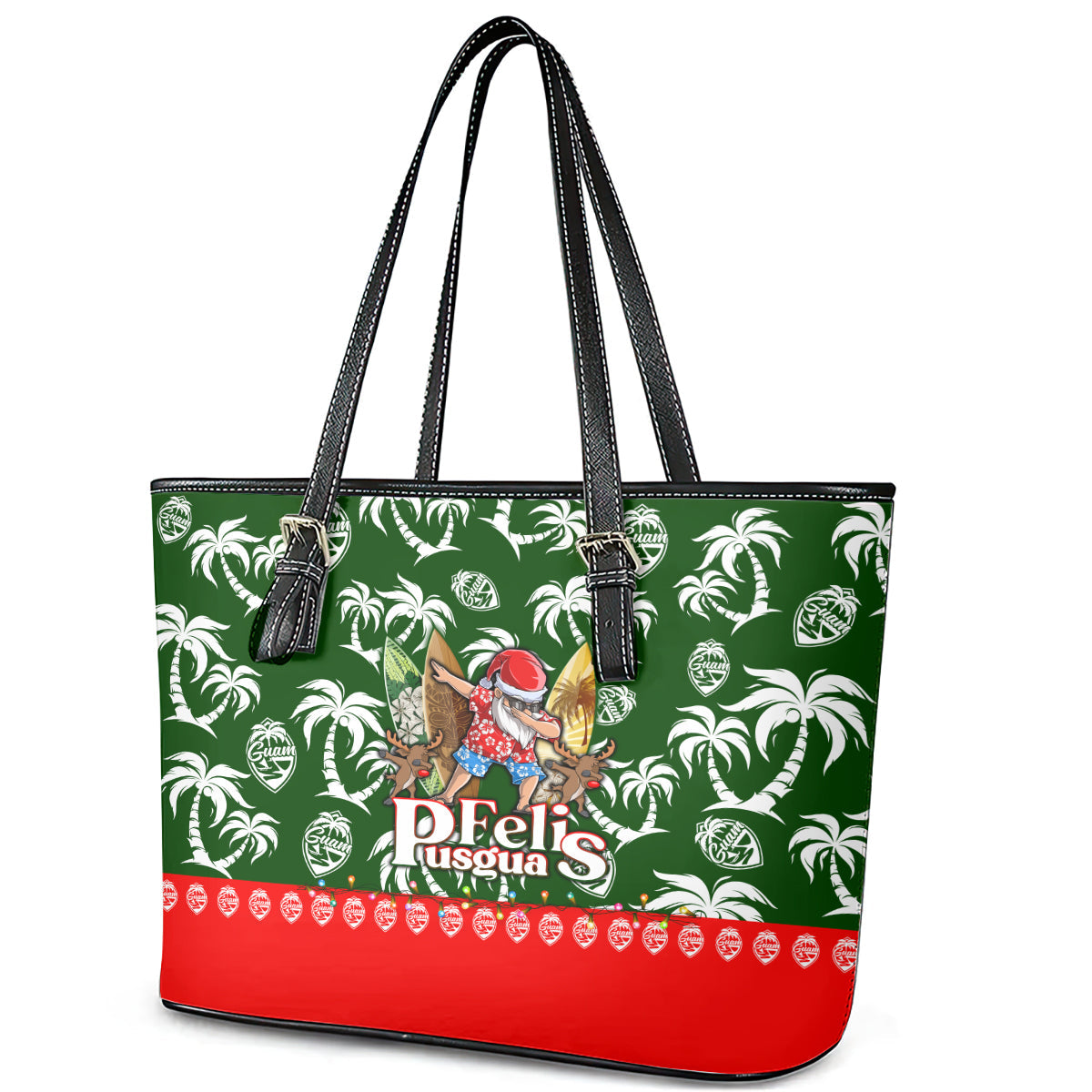 Guam Christmas Leather Tote Bag Felis Pusgua Tropical Xmas Patterns DT02