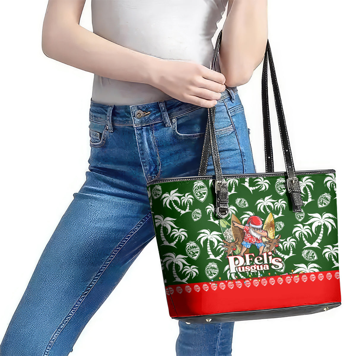 Guam Christmas Leather Tote Bag Felis Pusgua Tropical Xmas Patterns DT02