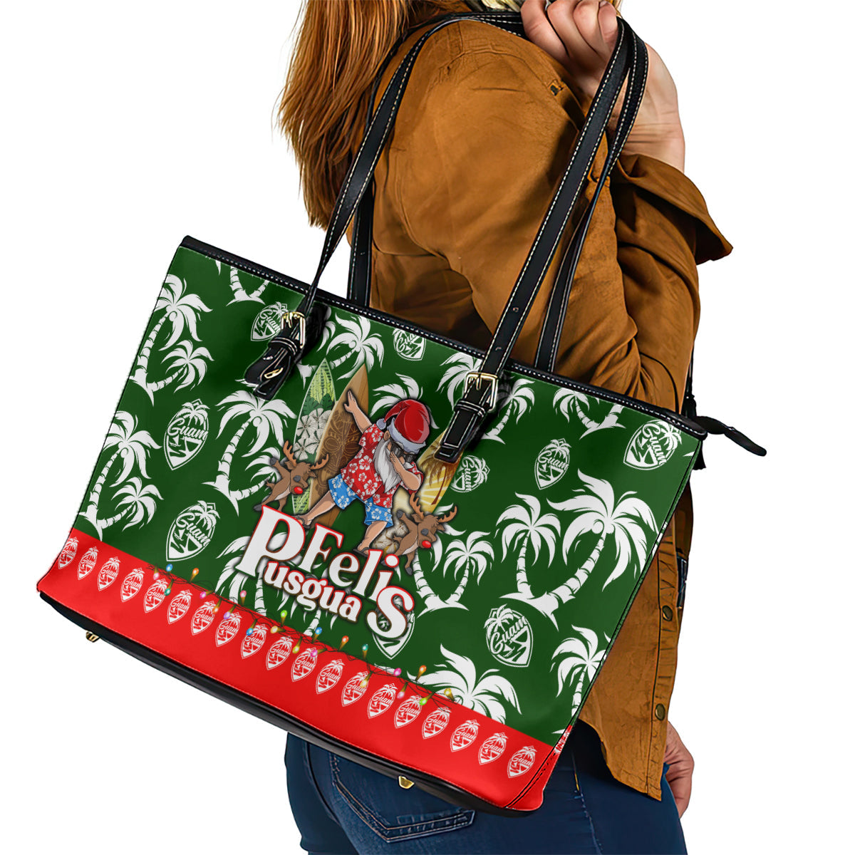 Guam Christmas Leather Tote Bag Felis Pusgua Tropical Xmas Patterns DT02