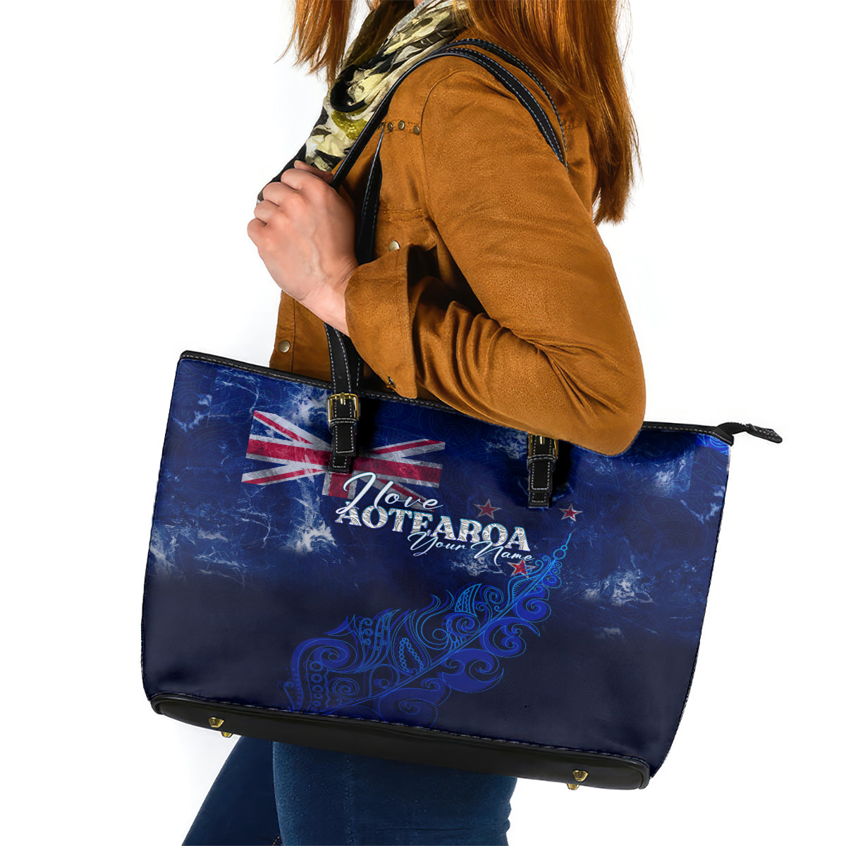 Personalised New Zealand Leather Tote Bag Aotearoa Map Silver Fern DT02