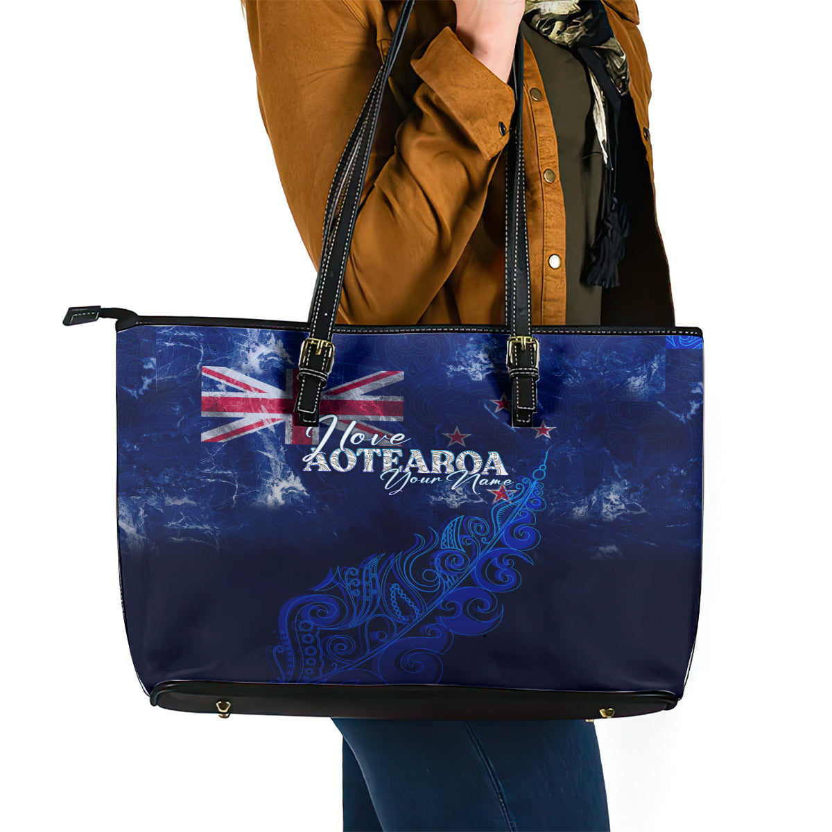 Personalised New Zealand Leather Tote Bag Aotearoa Map Silver Fern DT02
