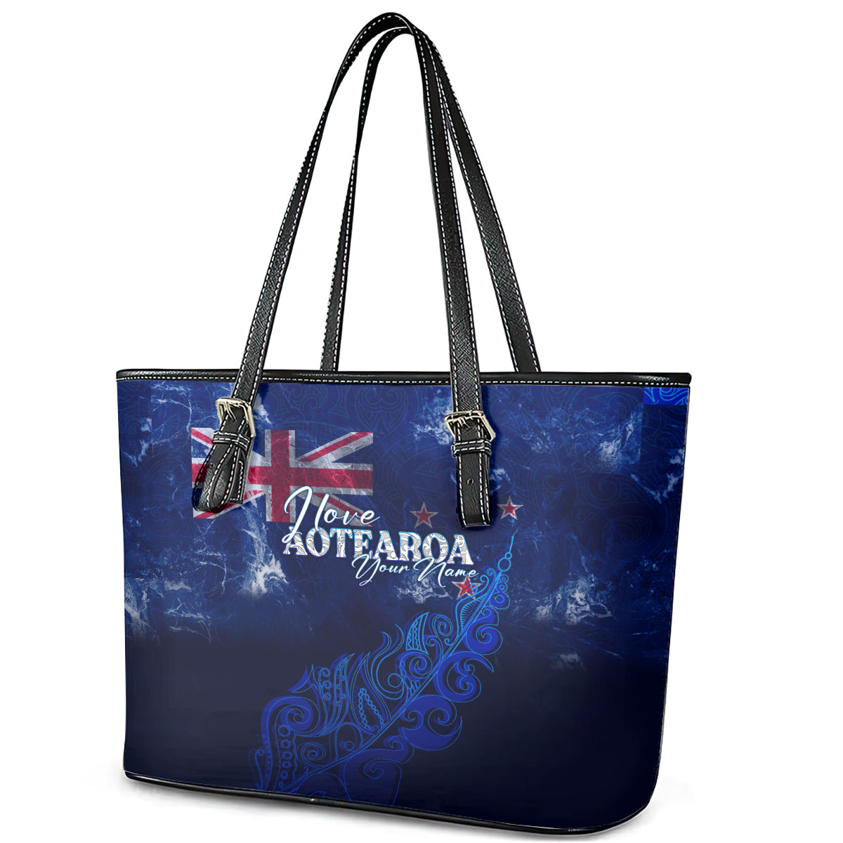 Personalised New Zealand Leather Tote Bag Aotearoa Map Silver Fern DT02