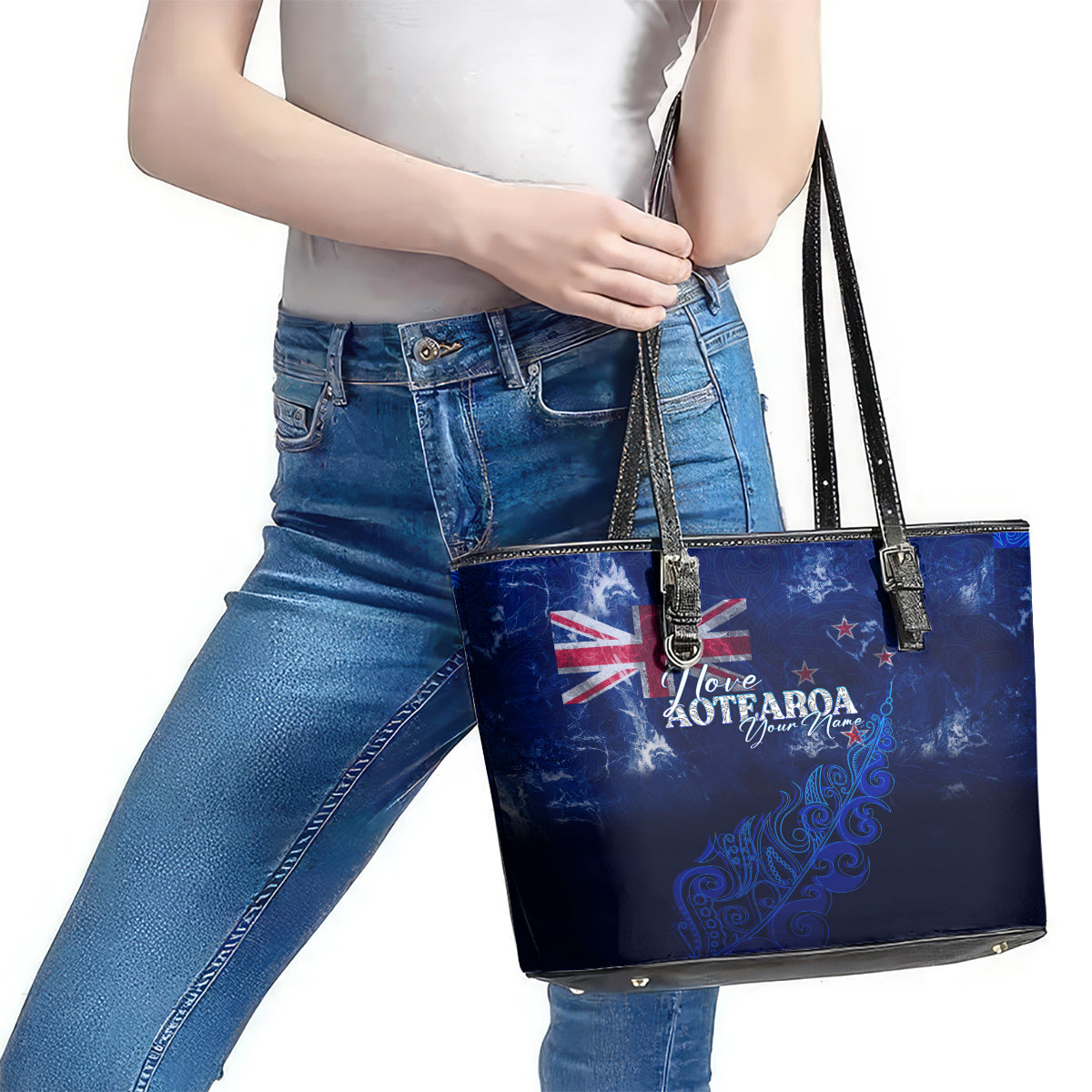 Personalised New Zealand Leather Tote Bag Aotearoa Map Silver Fern DT02