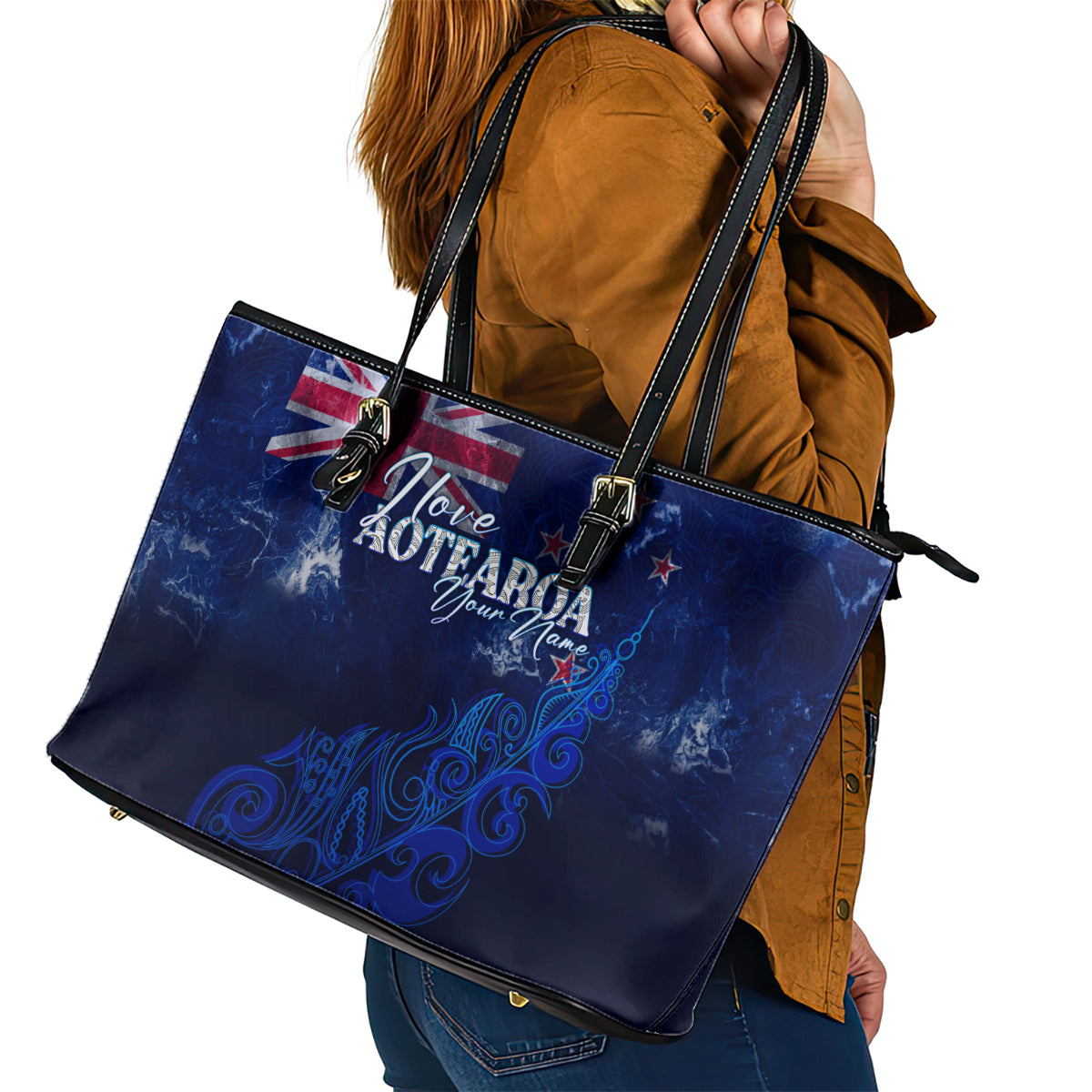 Personalised New Zealand Leather Tote Bag Aotearoa Map Silver Fern DT02
