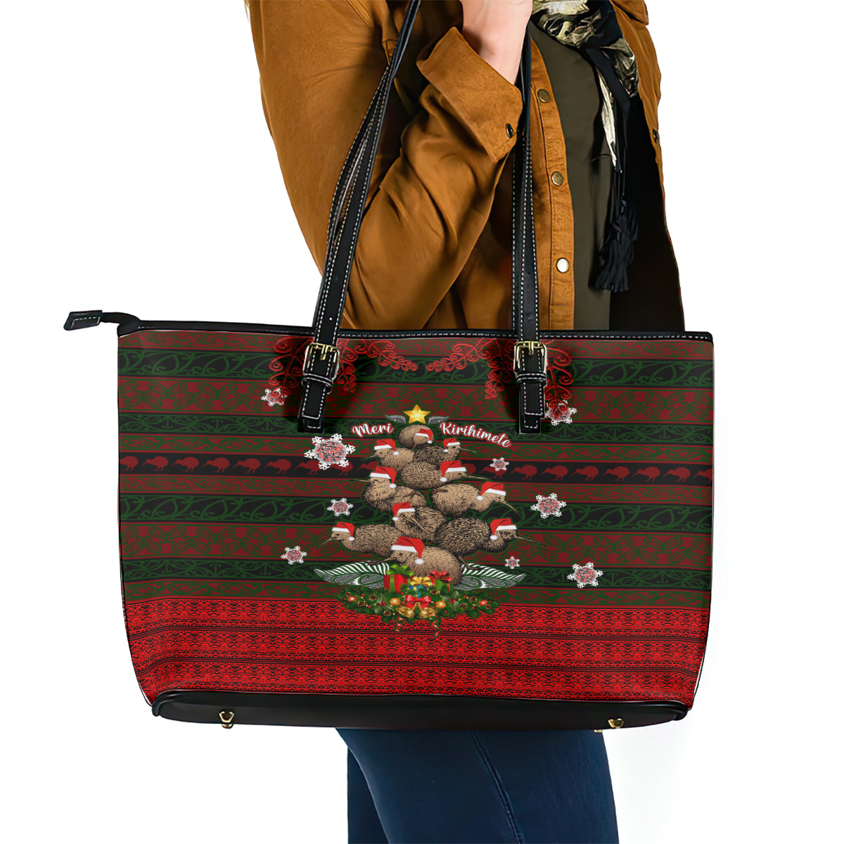 Meri Kirihimete New Zealand Leather Tote Bag Christmas Kiwi Maori DT02