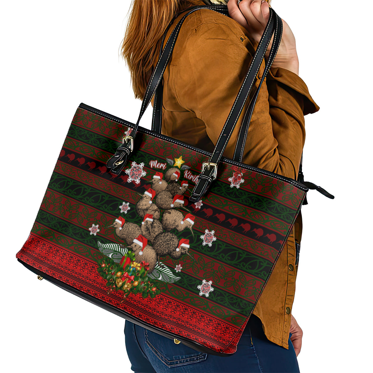 Meri Kirihimete New Zealand Leather Tote Bag Christmas Kiwi Maori DT02