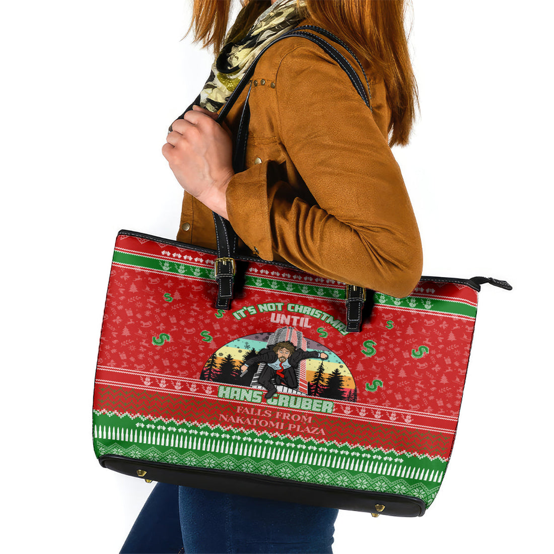 It's Not Christmas Unil Hans Gruber Falls From Nakatomi Plaza Leather Tote Bag Xmas Eve 1988 DT02